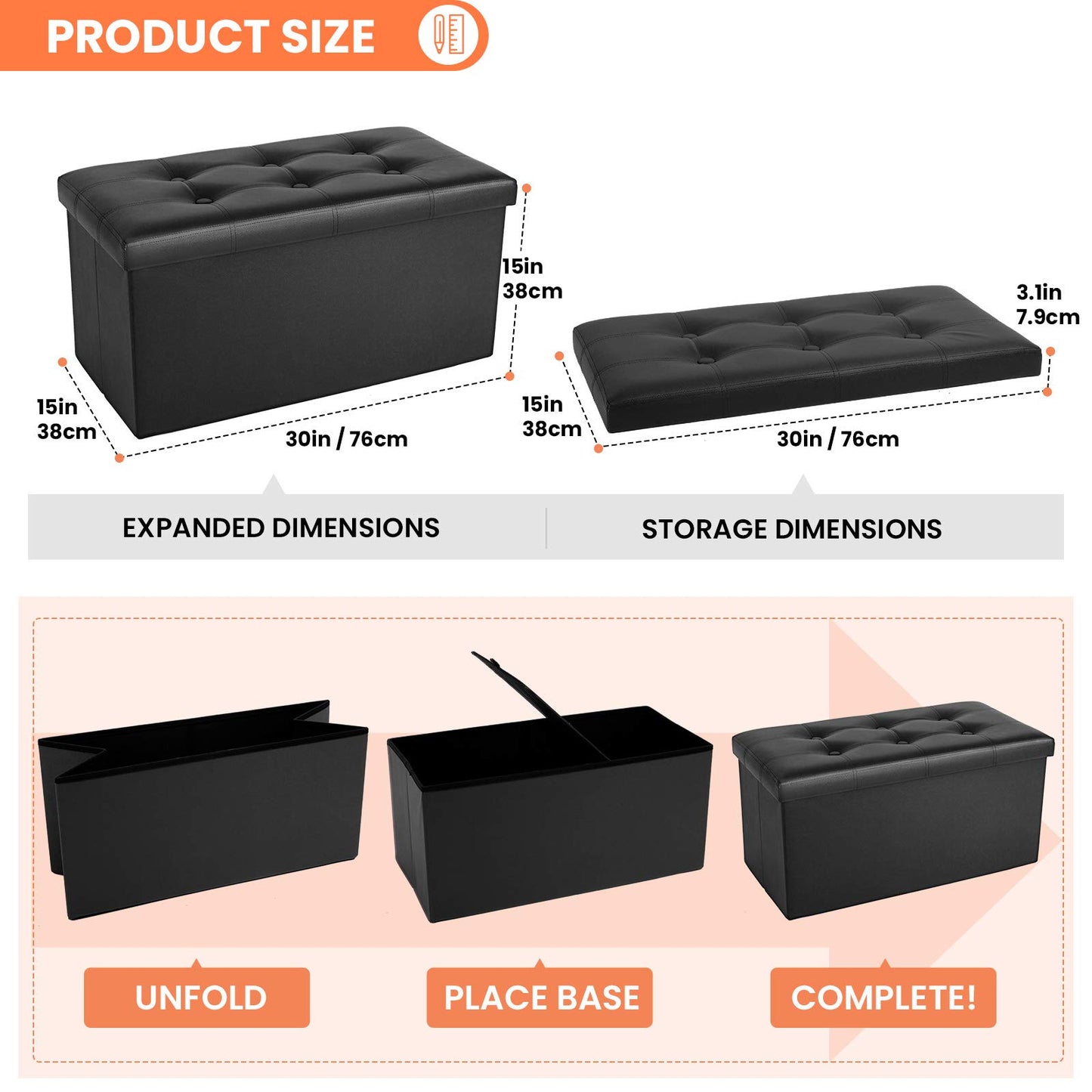 COSYLAND Faux Leather Bench Ottoman with Storage, 76x38x38 Centimeters Folding Ottoman with Storage for Bedroom, Large Collapsible Bench Ottoman for Living Room (Black)