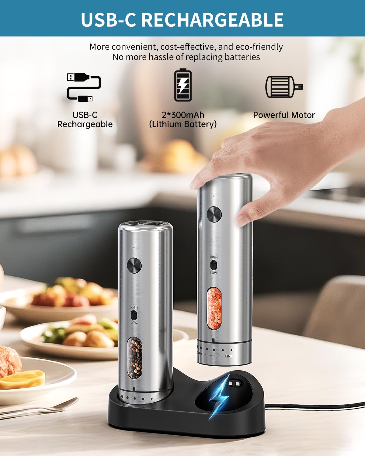 CIRCLE JOY Electric Salt and Pepper Grinder Set with Charging Base, USB Rechargeable Stainless Steel Spice Grinder Salt Mill, 2 Grinding Speeds, External Adjustment and 110ml Container