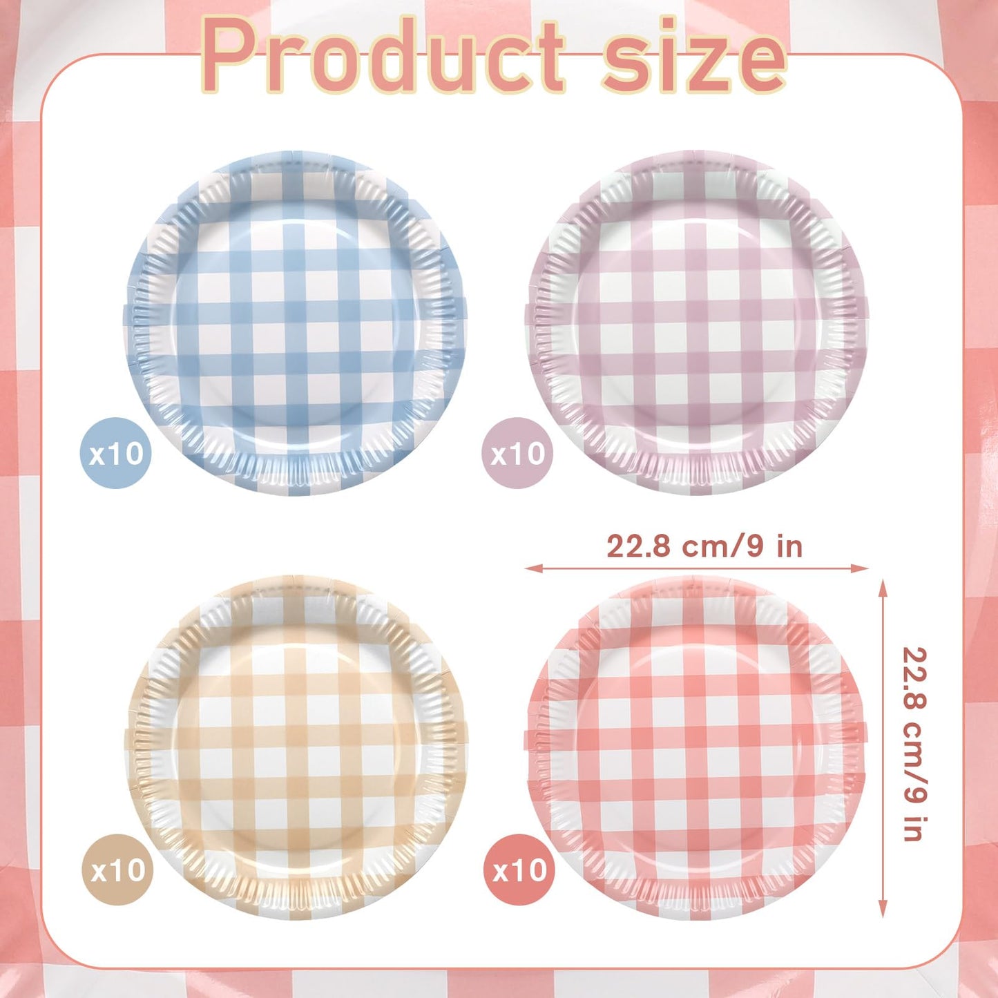 Tioncy 40 Pieces Gingham Cake Dessert Paper Plates 9 Inch Pastel Round Picnic Paper Plates Disposable Checkered Dinnerware Tableware for Picnic Wedding Birthdays Baby Shower Camping Party 4 Colors