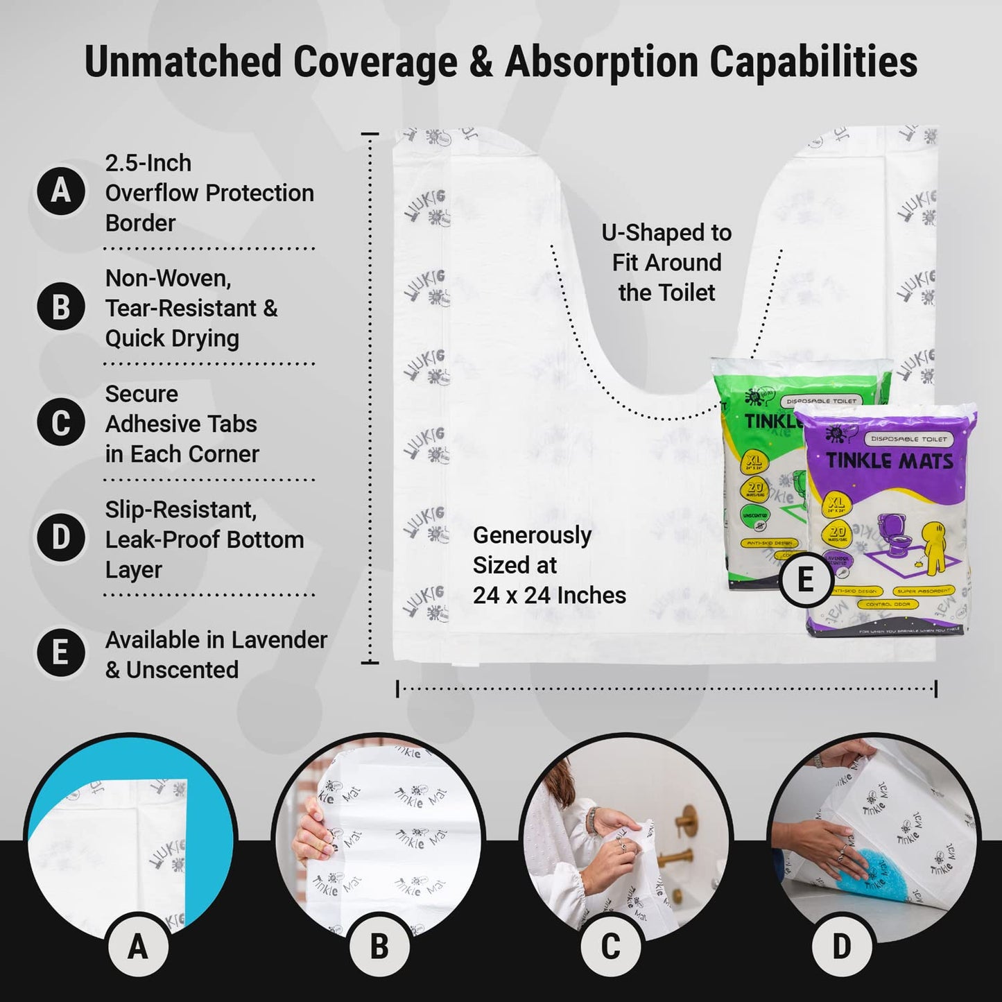 Tinkle Mat Disposable Toilet Commode Mat - 24 x 24 Inches, 20 Pack, Unscented