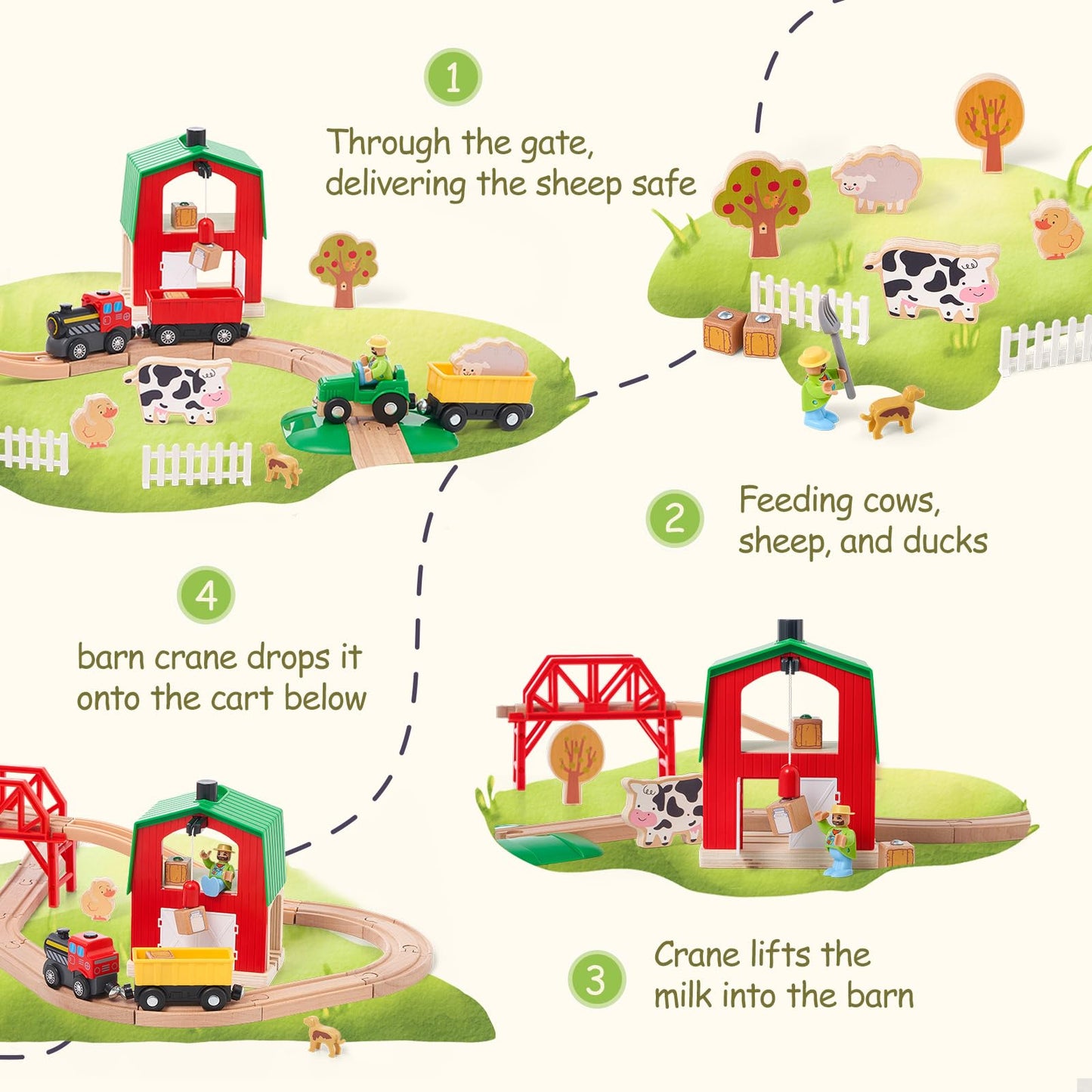 Wooden Farm Train Set for Toddlers, Battery Operated Train Railway Track Set with Bridge, Barn, Animals, Tractor Cargo Trains, Compatible with Most Brand, Toy Gift for Kids Boys Girls Age 3-8