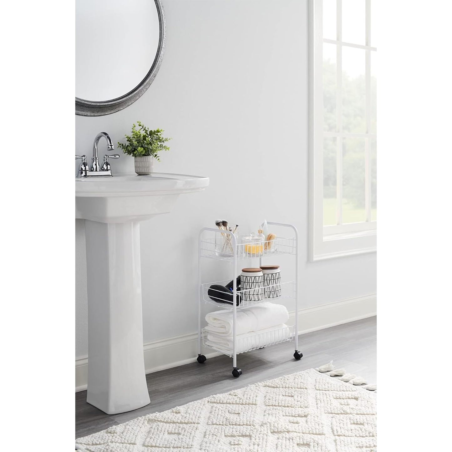 Rubbermaid 3-Tier Shelving Wheeled Organizer, Wire Adjustable Metal Storage Cart, for Office/Kitchen/Bedroom/Laundry Home Use, White