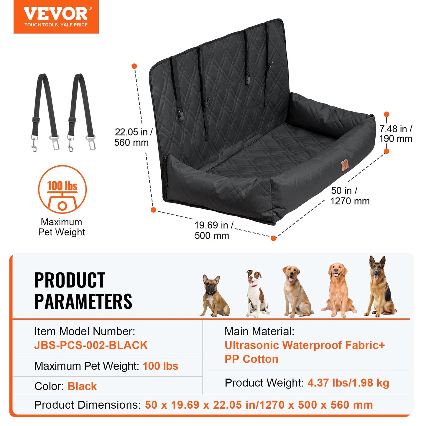 VEVOR Dog Car Seat, Waterproof Dog Booster Seat for Car, Pet Seat with Clip-On Safety Leash for Vehicle, PP Cotton Filling, Bed for Medium & Large Pet up to 100 lbs, Black