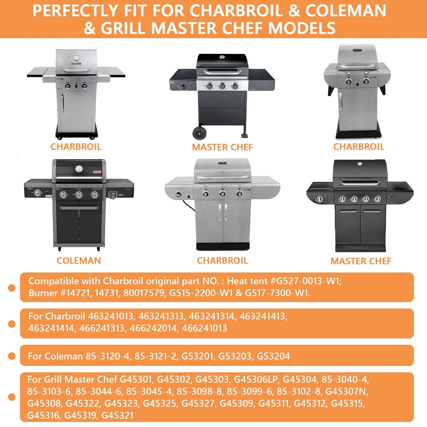 PETKAO BBQ Parts for Master Chef G45325 Replacement Parts G45315 G45321 G45313 Models, Charbroil 463241313 463241013, Grill Replacement for Coleman Stainless Steel Heat Shield/Plates & Burner Tube Kit