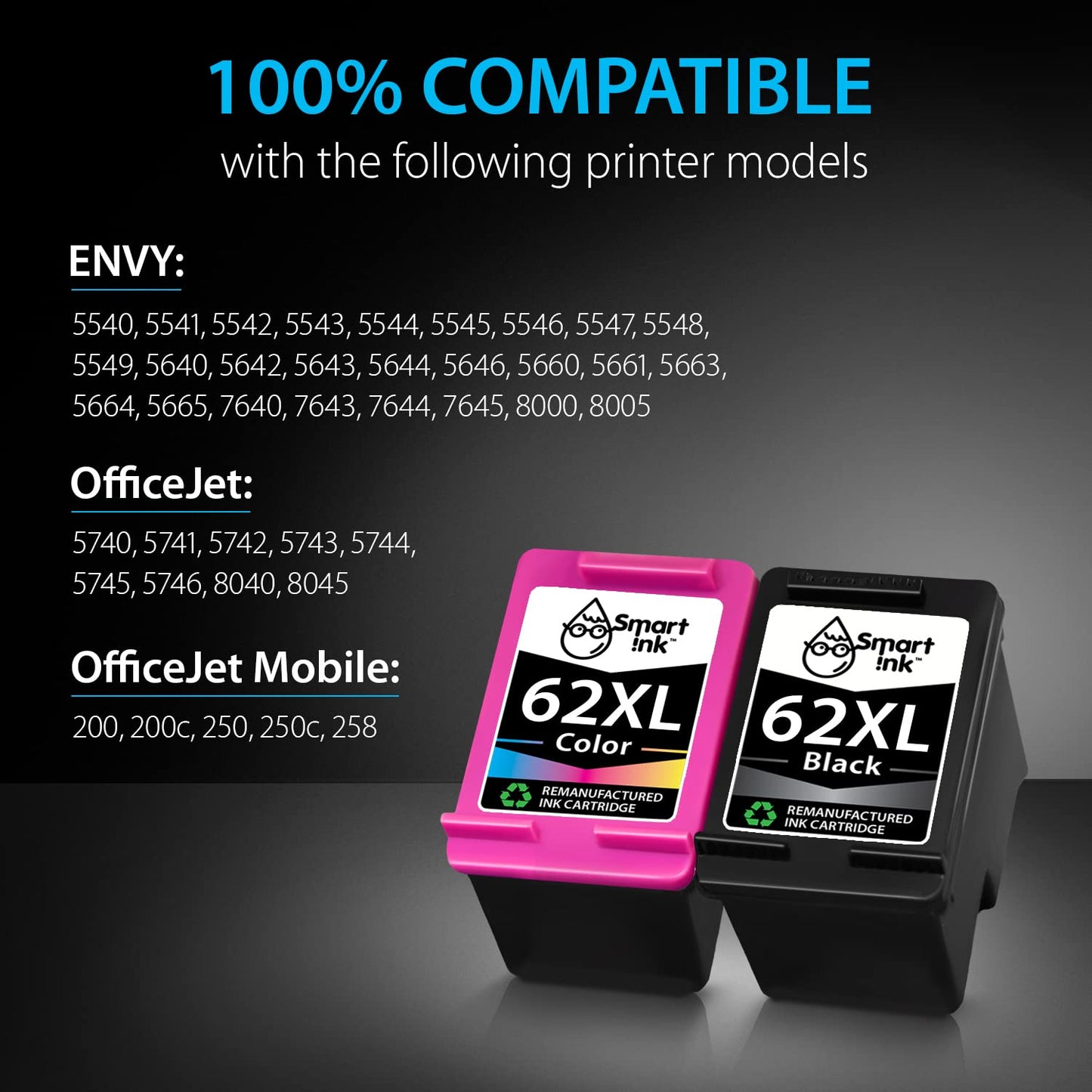 Smart Ink Remanufactured Ink Cartridges Replacement for HP 62 XL 62XL (Black & Color 2 Combo Pack) for HP Envy 5540 7640 5660 5640 5549 7645 8000 8005 OfficeJet 5740 5741 5742 5743 5744 8040 Printer