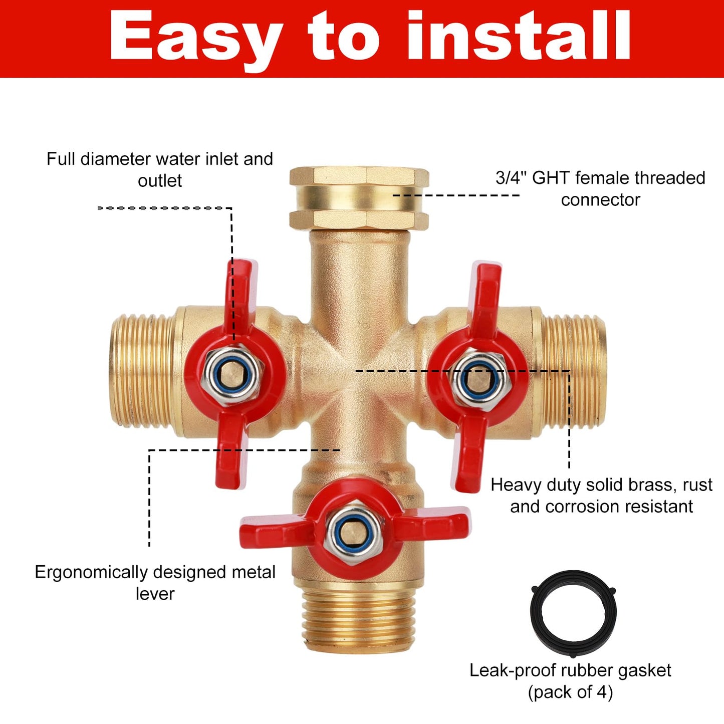 3 Way Brass Hose Splitter with 4 Sealing Gaskets, 3/4 Inch Heavy Duty High Flow Spigot Splitter with 3 Shut-Off Valves Leak-Proof Outdoor Faucet Connector for Yard Lawn Irrigation Systems
