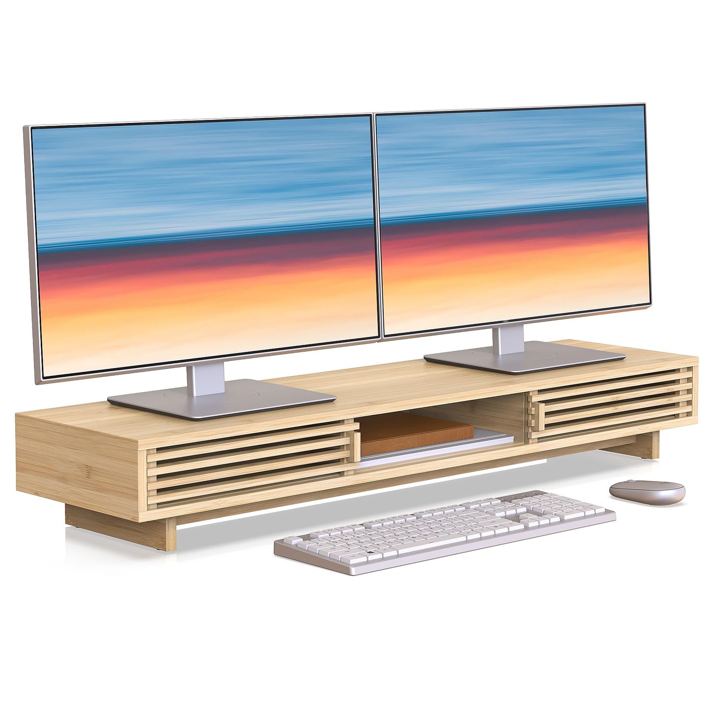 WELL WENG Bamboo Dual Monitor Stand Riser with Sliding Door, Double Computer Laptop Stand Desk Shelf Organizer with Storage (Natural Bamboo, 38 Inch)
