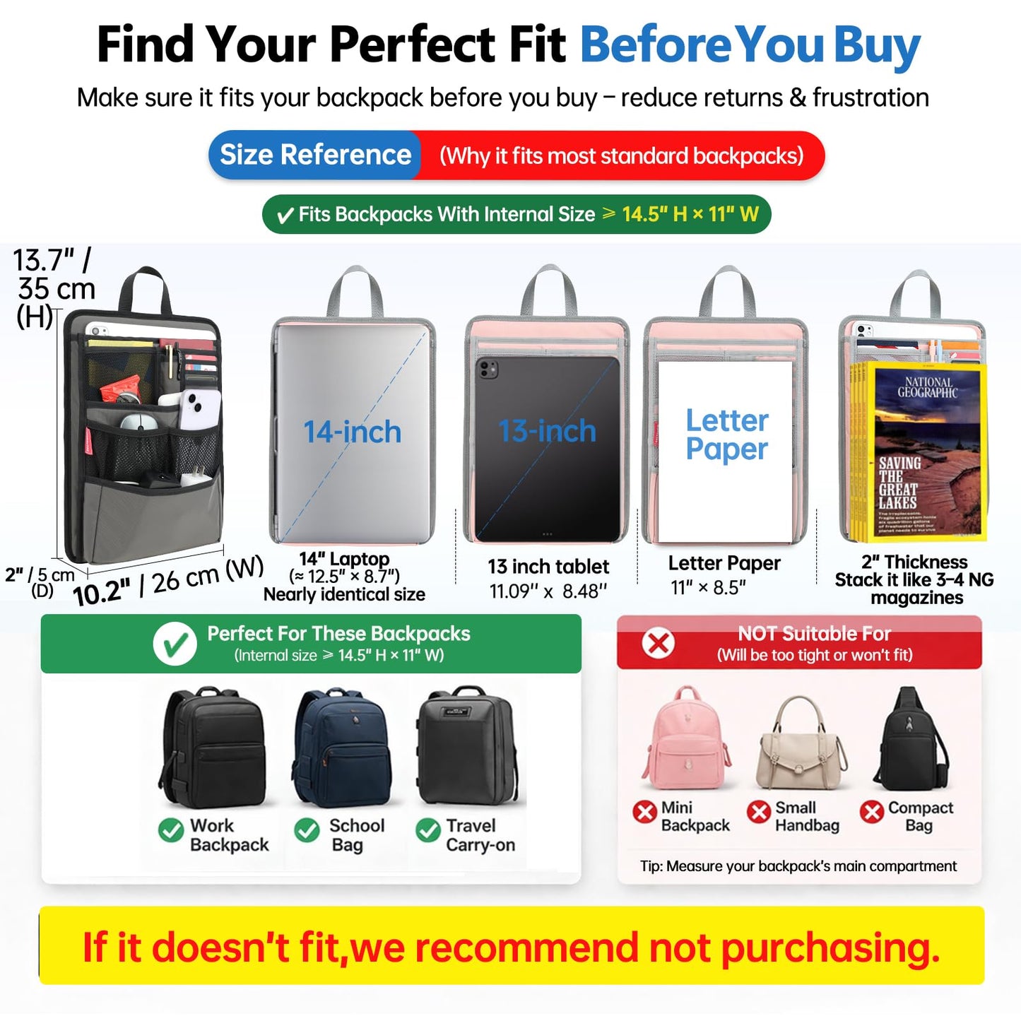 Slim Rugged Backpack Organizer Insert for Business Casual Men Women -13 Pockets,Padded Nylon,Max 14'' laptop-Black