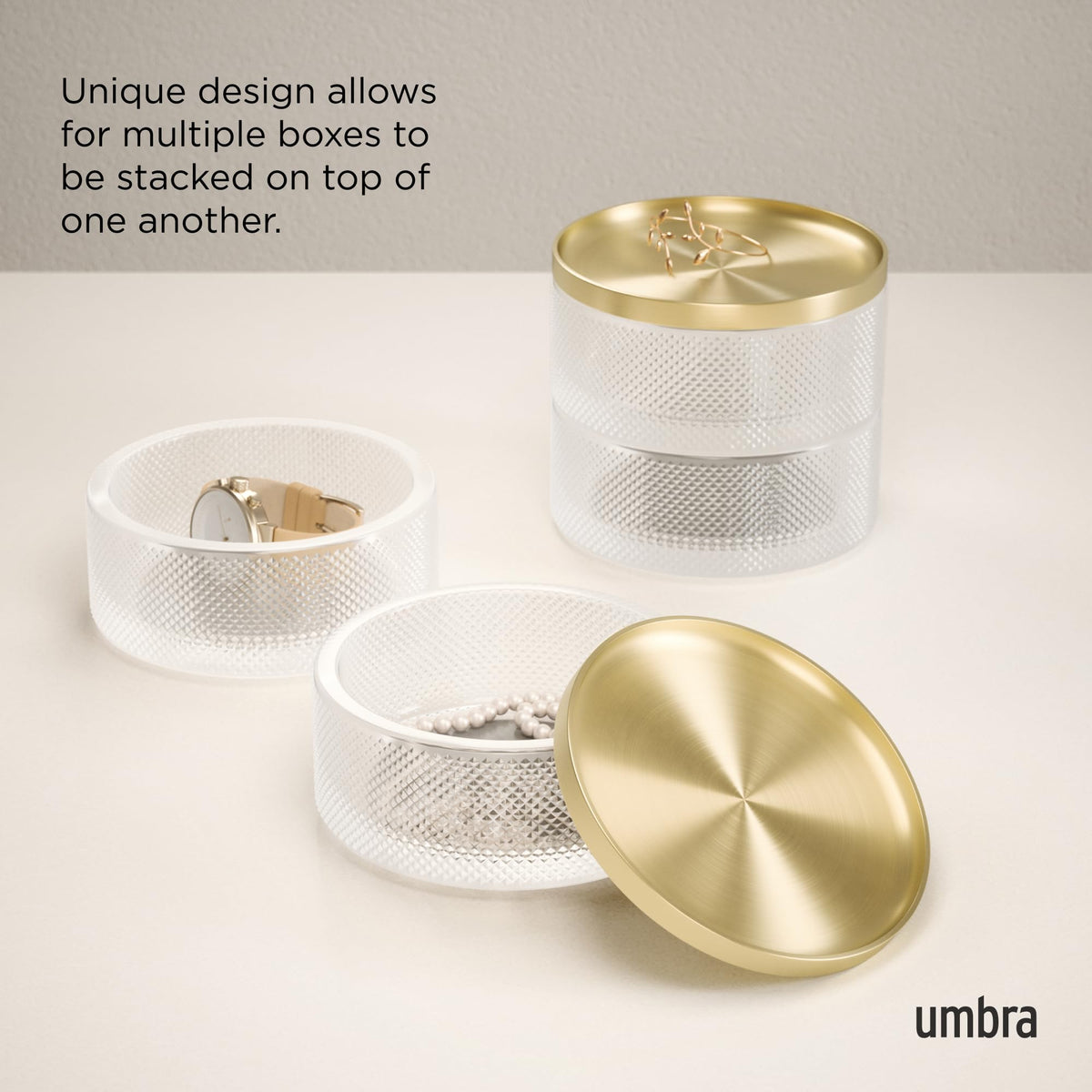 Umbra Tesora Jewelry Box, Necklace and Earring Holder, Accessory Organizer Display with Two Stacking Glass Compartments and Metal Lid, Brass