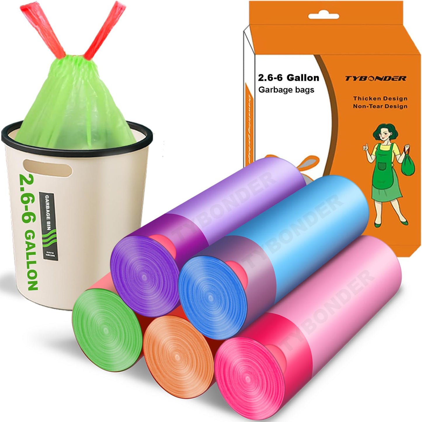 Small Trash Bags 2.6-6 Gallon Thicken Drawstring Trash Bags 4 Gallon Extra Strong Small Garbage Bags Unscented Wastebasket Liners Bags for Kitchen,Bathroom,Office,Home Trash Can 5 Color(80Counts)