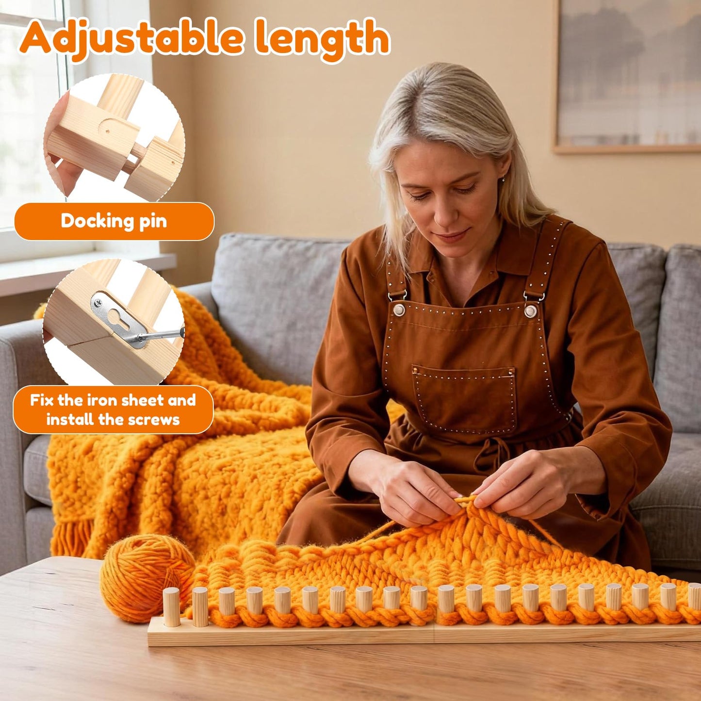 77" Chunky Knitting Blanket Loom, Adjustable Length and Portable Wooden Weaving Loom, Wooden Frame Easy to Handle for Making Large Blankets, Scarves, Thick Yarn
