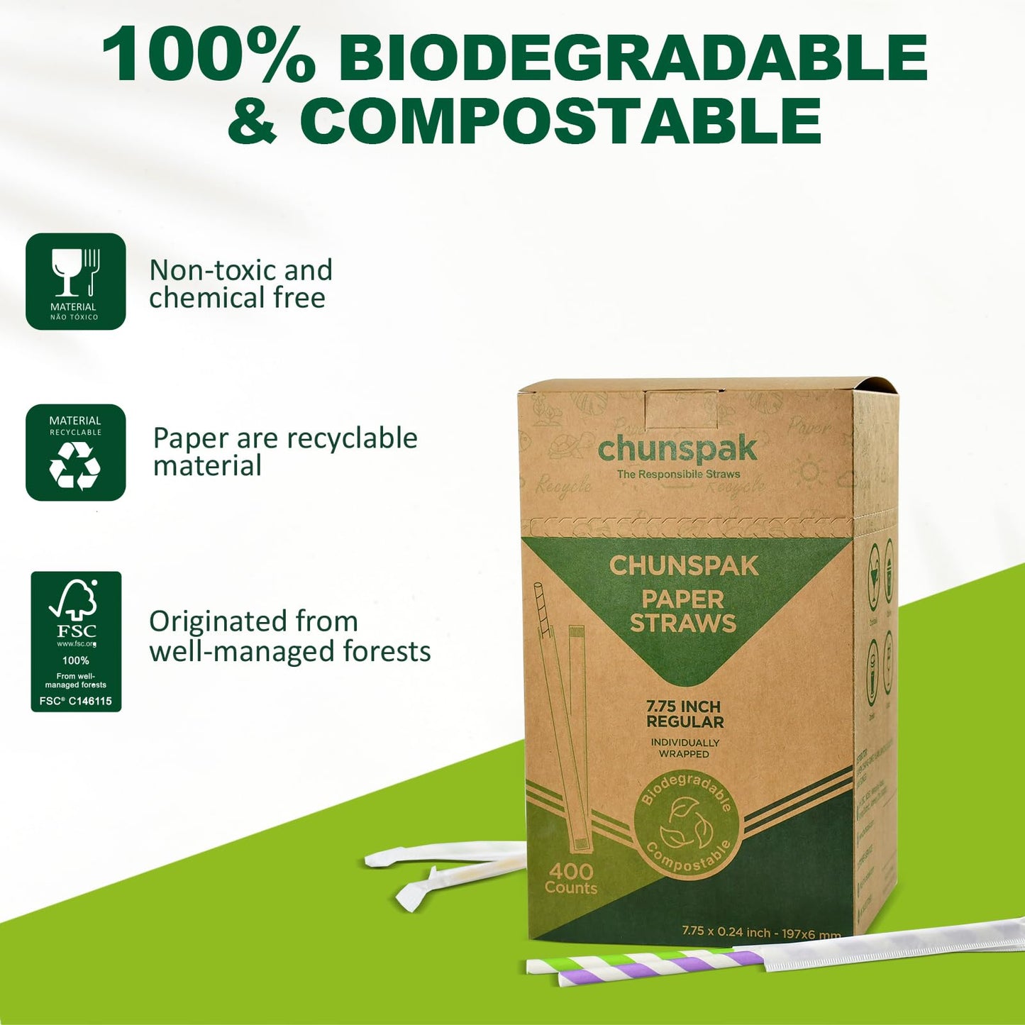 Chunspak Individually Wrapped Disposable Paper Drinking Straws 7.75'' x 0.24'' - Assorted Colors [400 Counts]