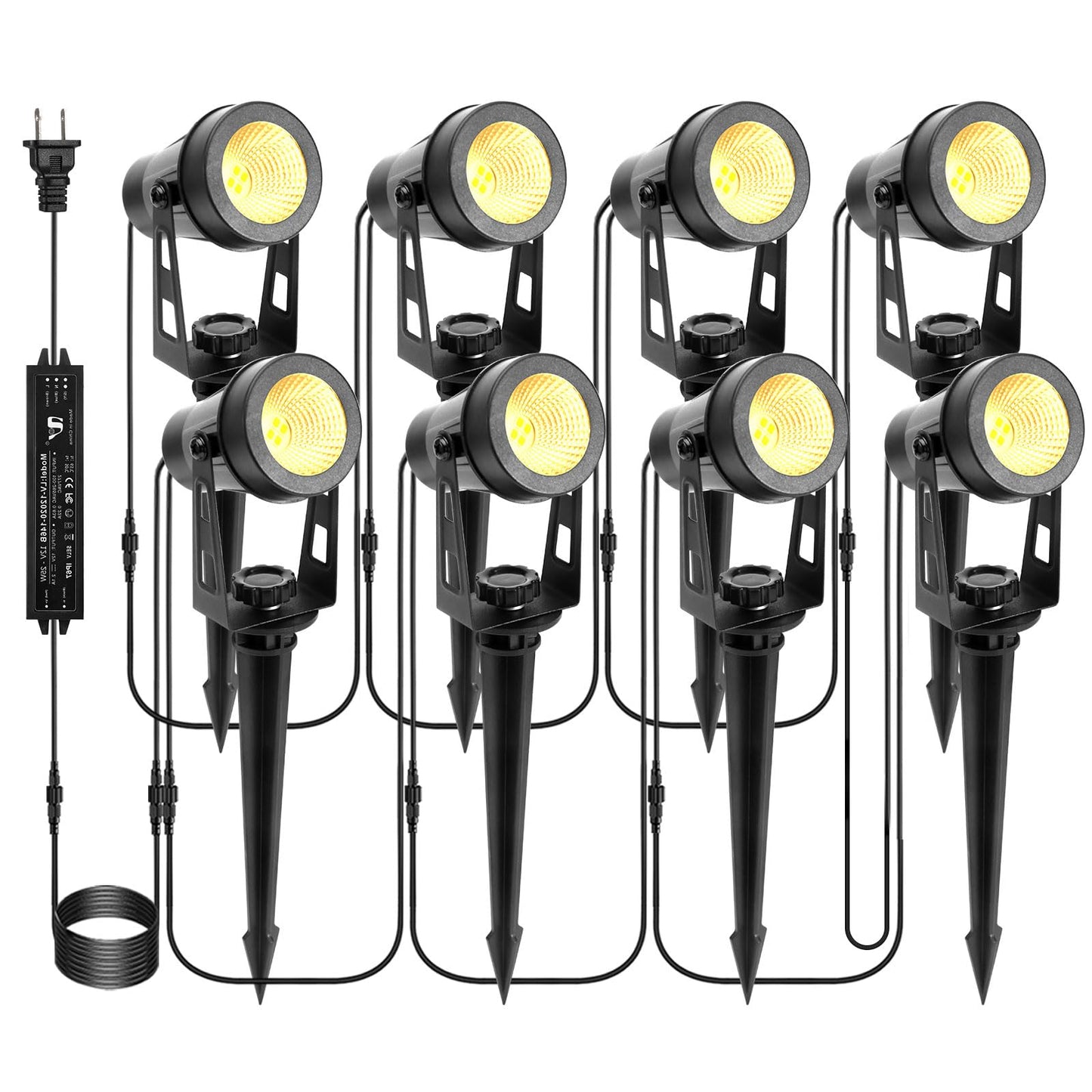 ECOWHO Landscape Lighting with Transformer, IP65 LED Outdoor Spotlights Waterproof 30W 2000LM Warm White 3000K Garden Lights, 90ft Cable for Garden Pathway Yard Tree Uplighting Patio (8 Pack)