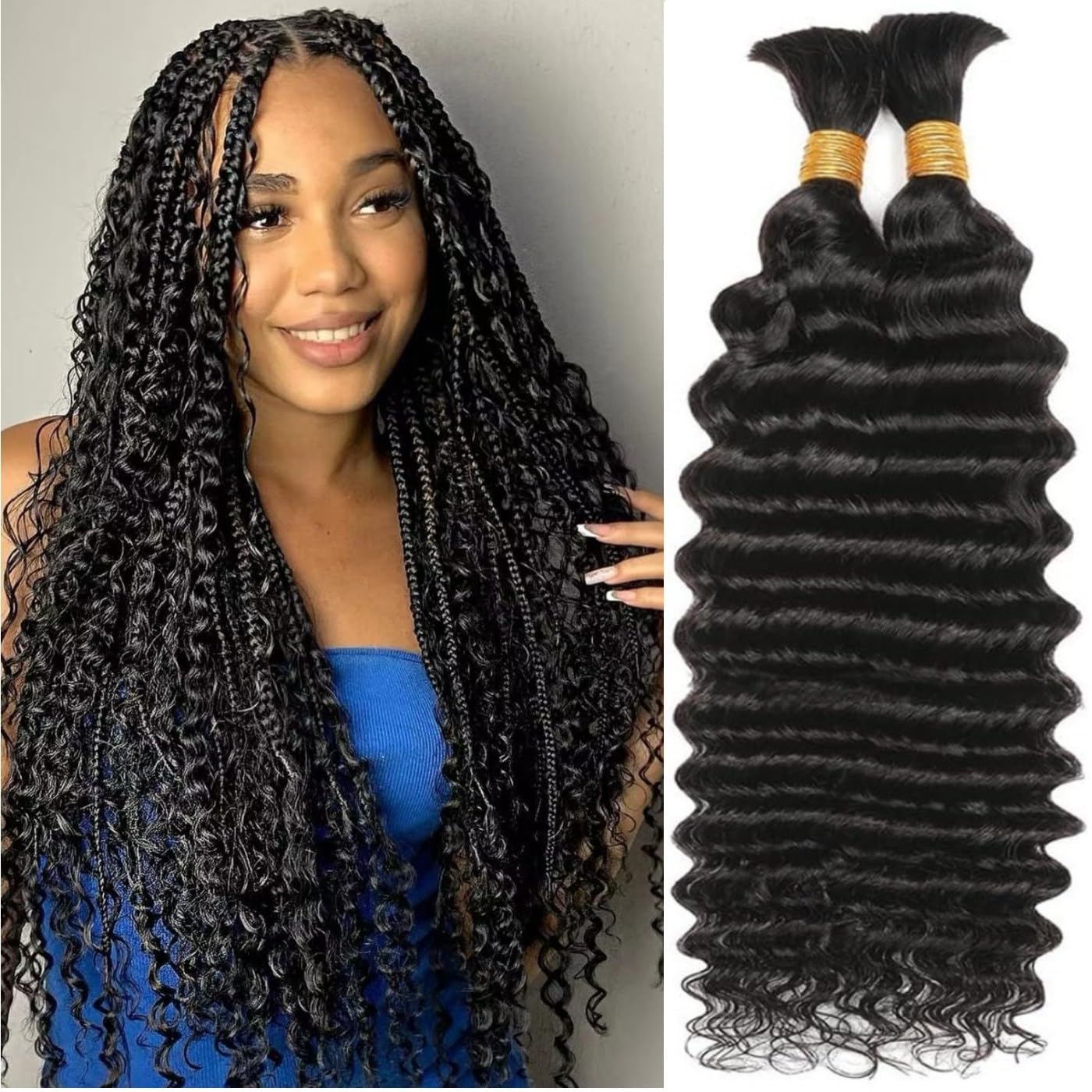Human Hair Braiding Hair 2 Bundles/Pack 100g 20 Inch Deep Wave Bundles Human for Boho Braids Black Hair Extensions Curly Remy Hair Bulk Brazilian Virgin Human Hair for Women Braids No Weft