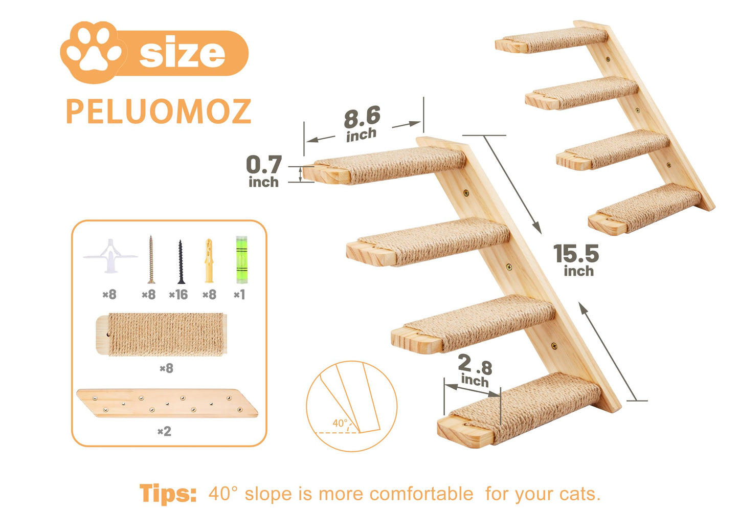 PELUOMOZ Cat Wall Shelves 2PCS Four Steps Reversible Left & Right Direction, Cat Shelf Stairway for Wall with Jute Scratching Ladder Cat Furniture for Perch Sleeping