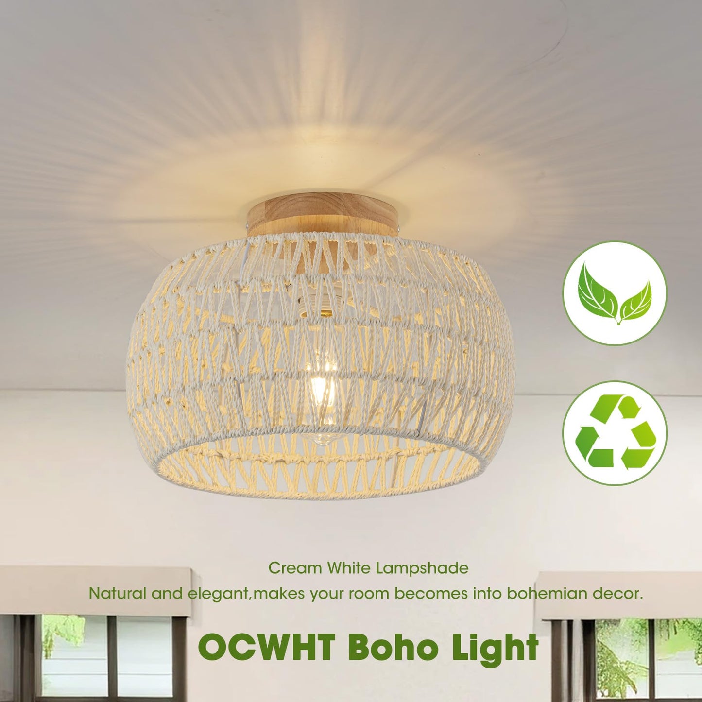 Cream White Rattan Light Fixtures,Boho Ceiling Light Chandelier,Rattan Flush Mount Ceiling Light Hand-Woven Lamp Shade Small Chandelier Light for Bedroom Kitchen Entryway Chandelier Nursery Light
