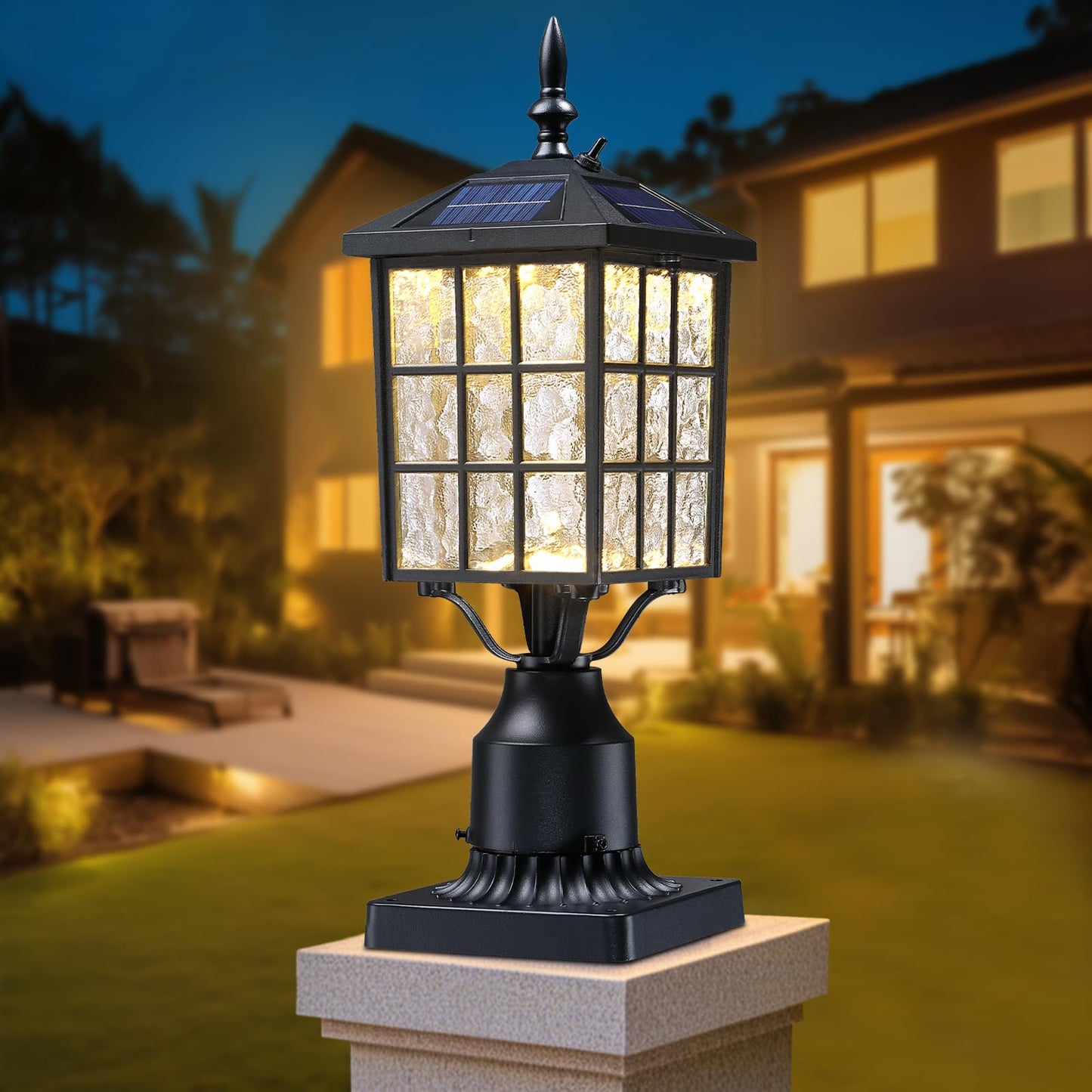 YSN 16.5" Solar Post Lights Outdoor, Dusk to Dawn Outdoor Post Lights Solar Lamp Post Light, Black Solar Pole Light Outdoor with Base, Waterproof Solar Light Posts for Outside Yard Garden, 1 Pack