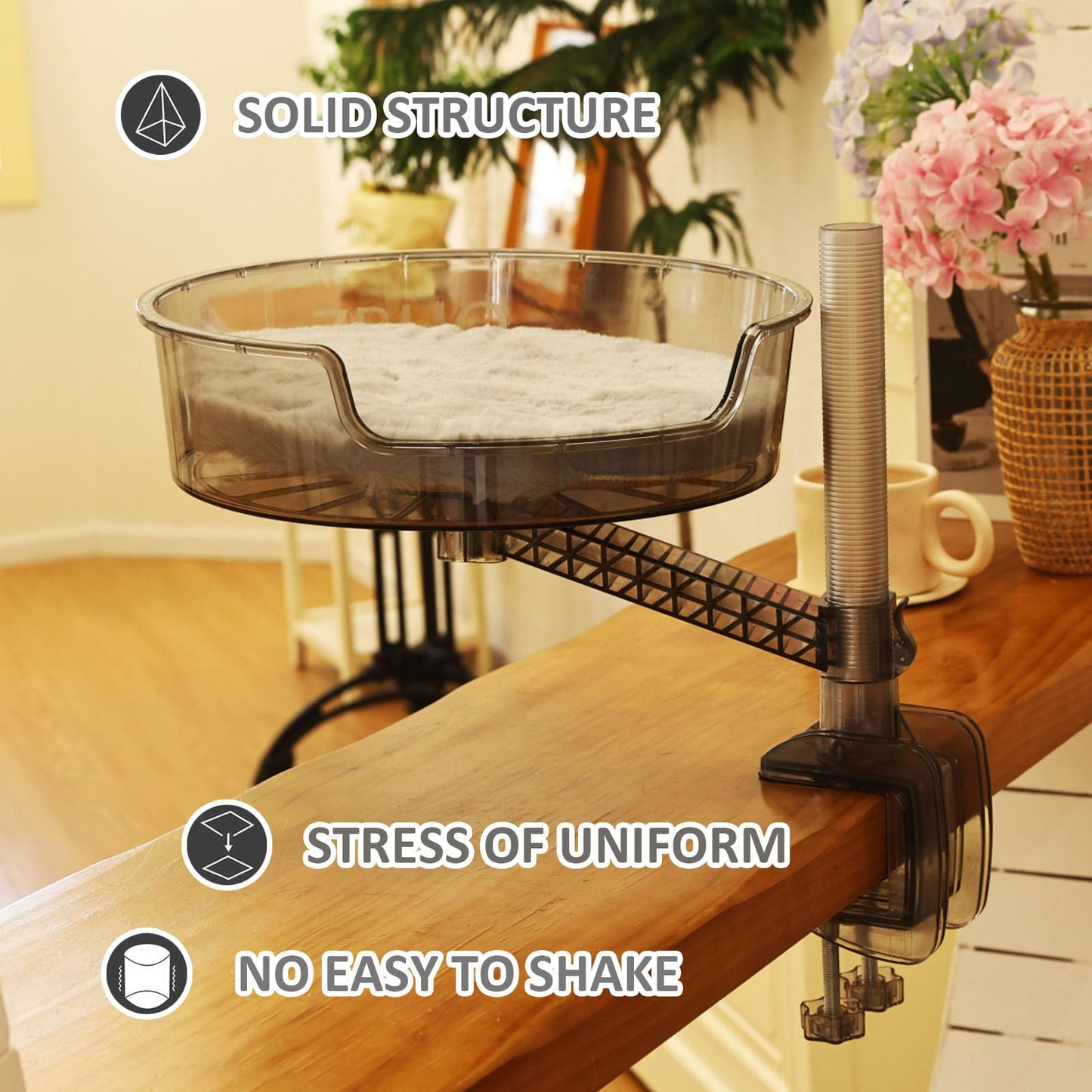 Cat Bed Desk with Pet Mat, Cat Hammock for Desk with Bowl, 360° Rotation and Adjustable Height, Transparent Gray