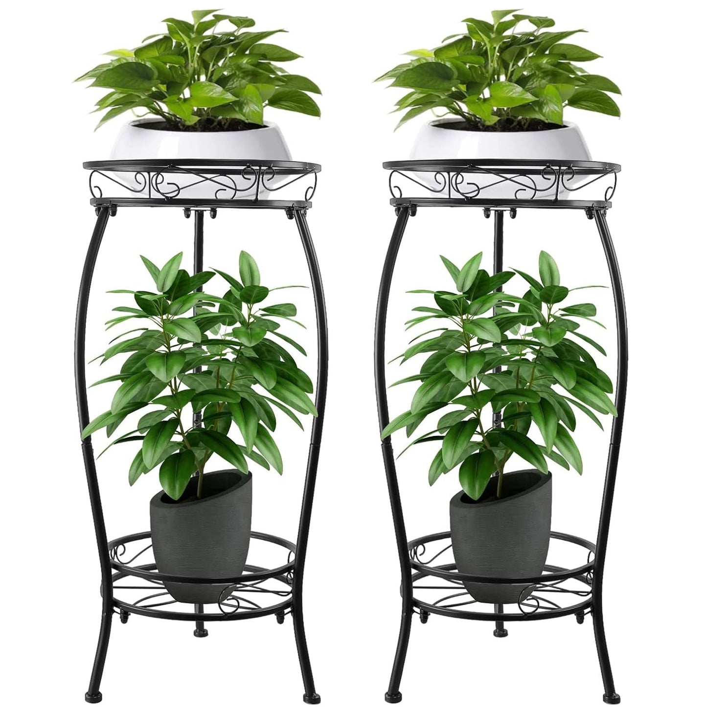 2 Pack Plant Stands Indoor,2 Tier Metal Tall Plant Stand Outdoor,Corner Potted Holder,Flower Stand,Rustproof Decorative Plants Shelf Rack for Patio, Living Room, Garden, 27.1'' ,Black