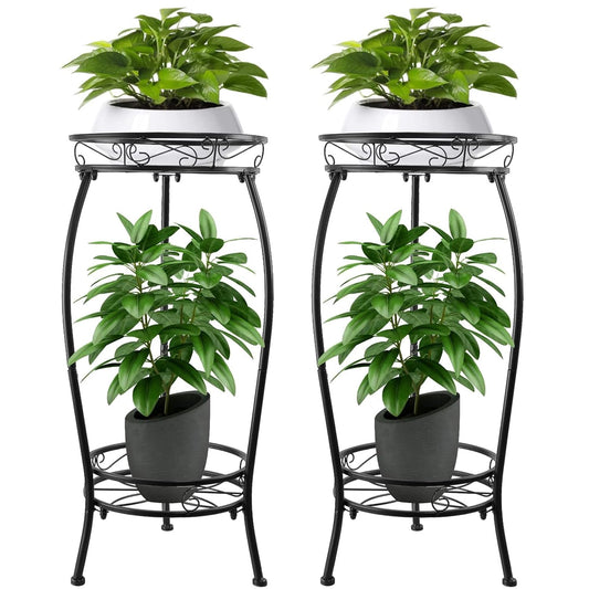 2 Pack Plant Stands Indoor,2 Tier Metal Tall Plant Stand Outdoor,Corner Potted Holder,Flower Stand,Rustproof Decorative Plants Shelf Rack for Patio, Living Room, Garden, 27.1'' ,Black