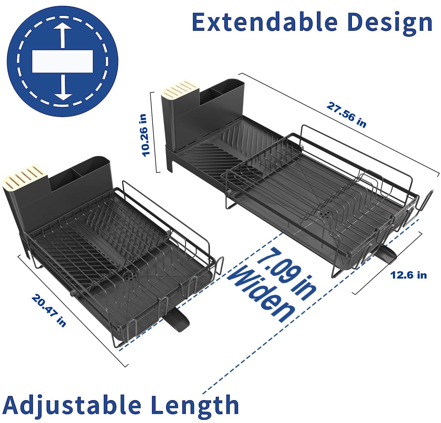 Runnatal Large Dish Drying Rack, Extendable Dish Rack with Drain Board, Utensil Holder, Cup Holder, Expandable Stainless Steel Dish Drainer for Kitchen Counter, 70 x 32 x 26cm