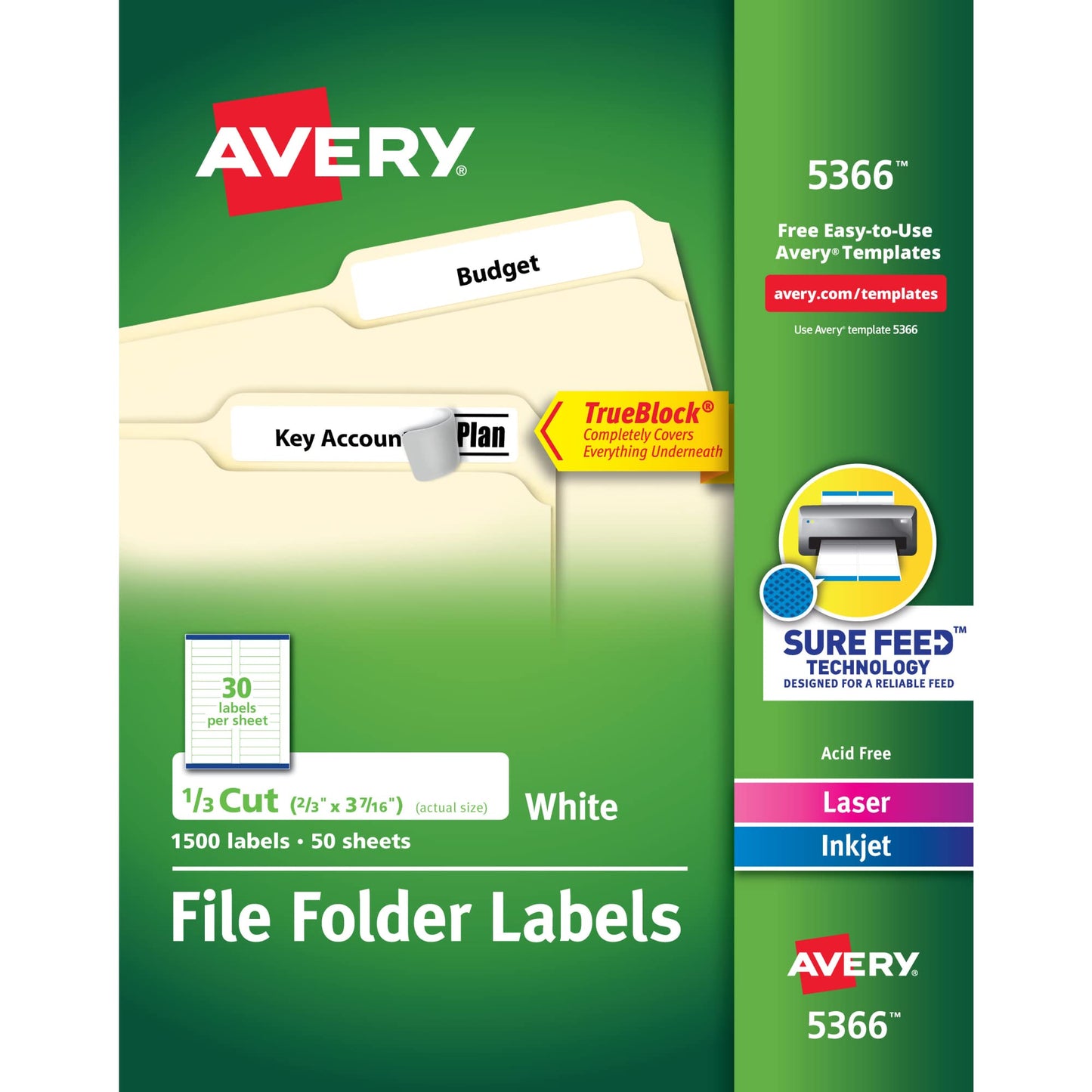 Avery File Folder Labels for Laser and Ink Jet Printers with TrueBlock Technology, 3.4375 x .66 inches, White, Box of 1500 (5366)