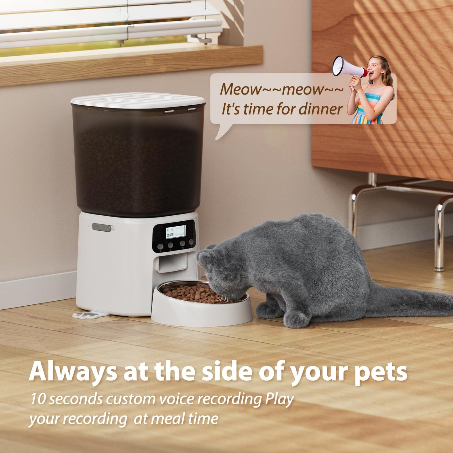Automatic Cat Feeder, 4L Timed Cat Dry Food Dispenser, Pet Feeder up to 6 Meals and 30 Portions per Day, 10S Voice Record, Dual Power Supply, Non-Slip Base, Auto Pet Feeder for Cats and Small Dogs