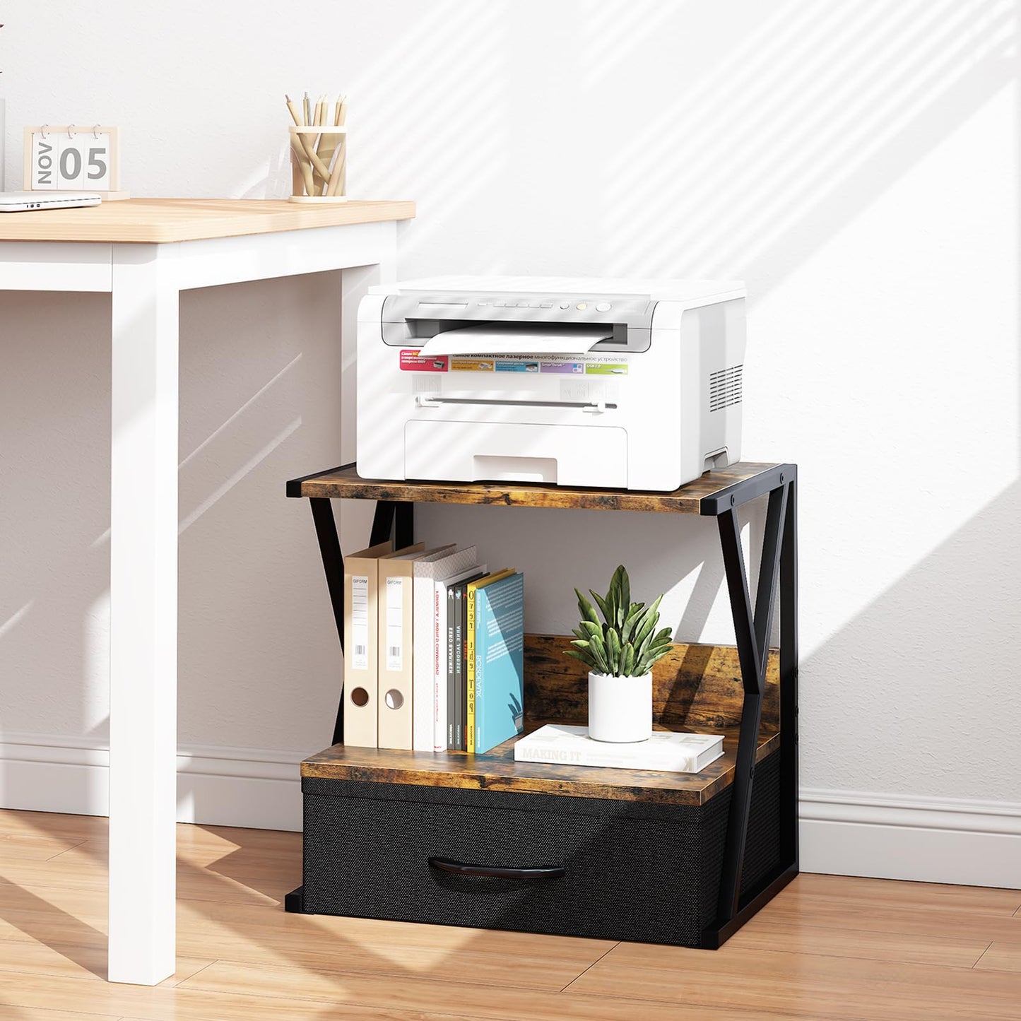 aboxoo Printer Stand for Desk with Storage Drawer, 2 Tier Desktop Or Under Desk Shelf, Multi-Purpose Desks Organizer for Home Office, fit Fax Machine/3D Printer/Scanner, Rustic Brown