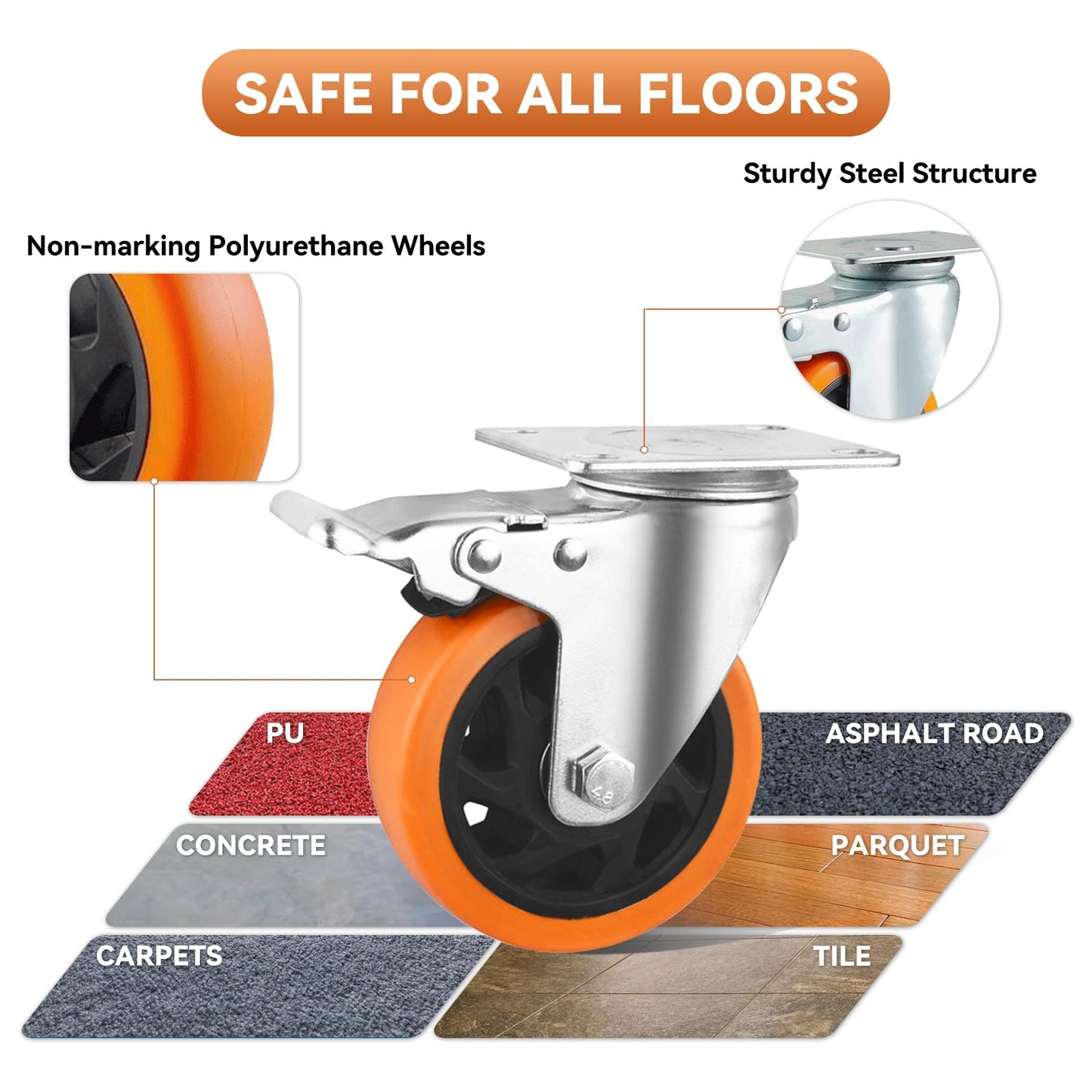 4 Inch Caster Wheels, Casters Set of 4 Heavy Duty Load 1800lb, Orange Polyurethane Swivel Casters with Brake, No Floor Marks Locking Castor Wheels for Cart Furniture Workbench (with Hardware Kits)
