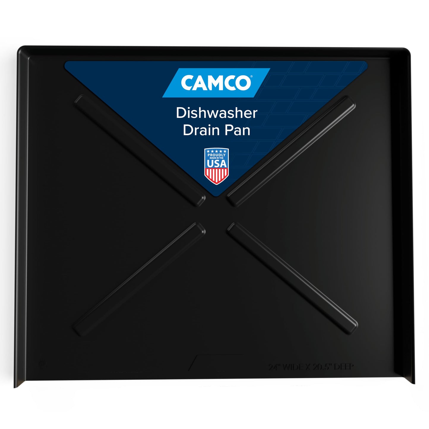 Camco Dishwasher Drain Pan | Protects Floors, Cabinets, Walls & Features Front Opening for Easy Leak Detection | Crafted of Heavy-Duty Polymer | Black, 23-5/8” x 20-1/2” (20602)