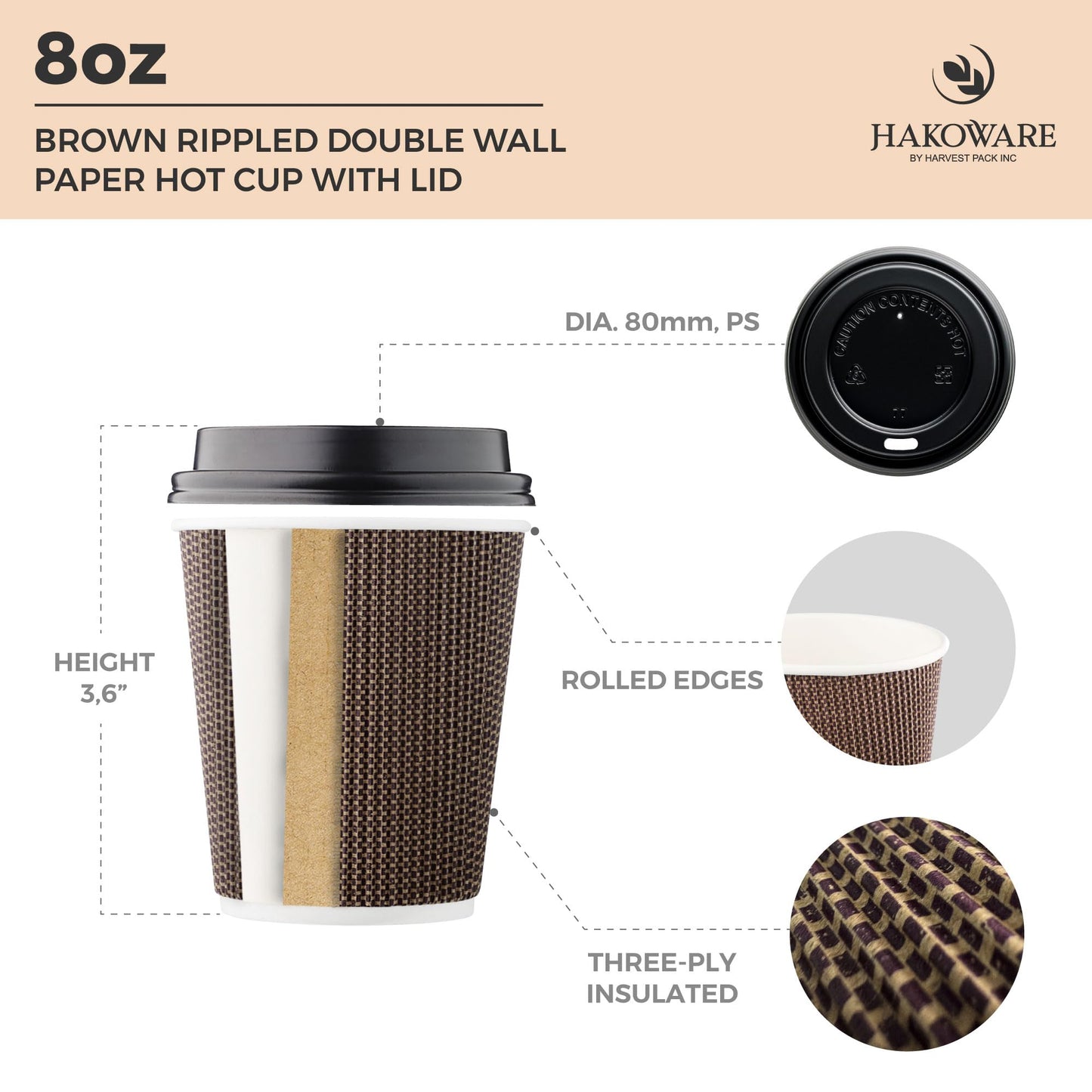 [150 Set] Harvest Pack 8 oz Disposable Coffee Cups, Insulated Ripple Double-Walled Paper Cup with Lid, Brown Geometric, Tea Hot Chocolate Drinks to go Coffee Cups