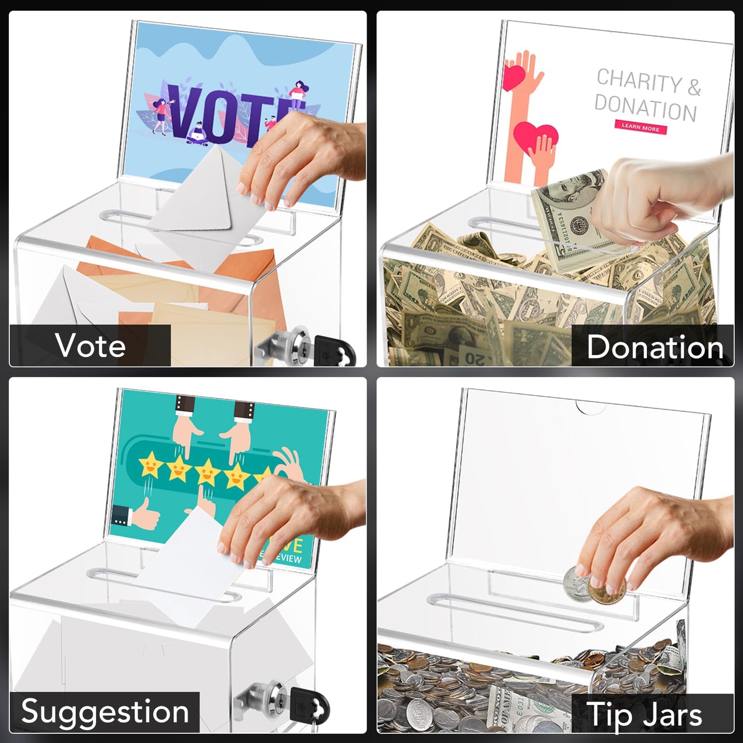 VOISEN Clear Donation Box with Lock,2 Pack Ballot Box with Sign Holder, 6.2x4.6x3.9 Inch