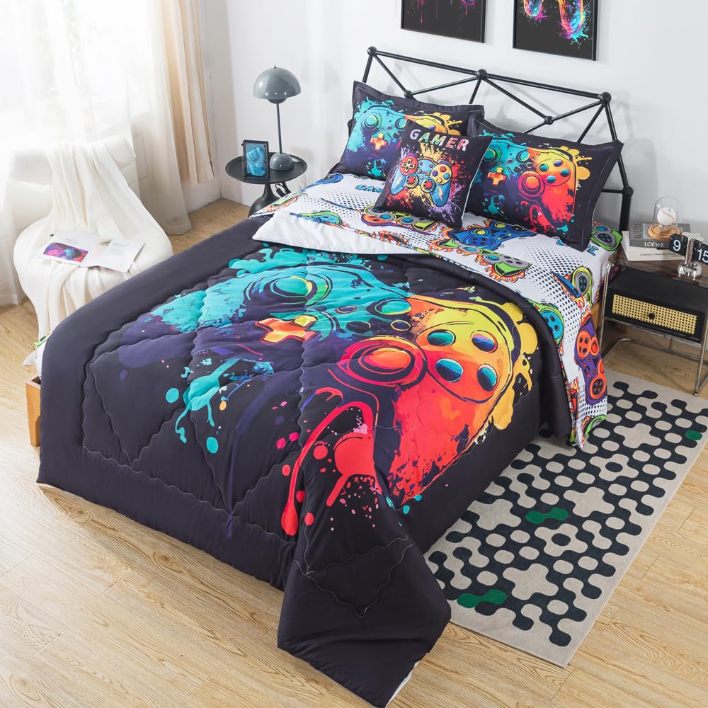 ADASMILE A & S 6Pieces Gamer Bedding for Boys Twin Size Gmer Comforter Set Kids Video Game Bed in A Bag with Gamepad Sheets All Season Gaming Controller Bed Set with Pillowcases