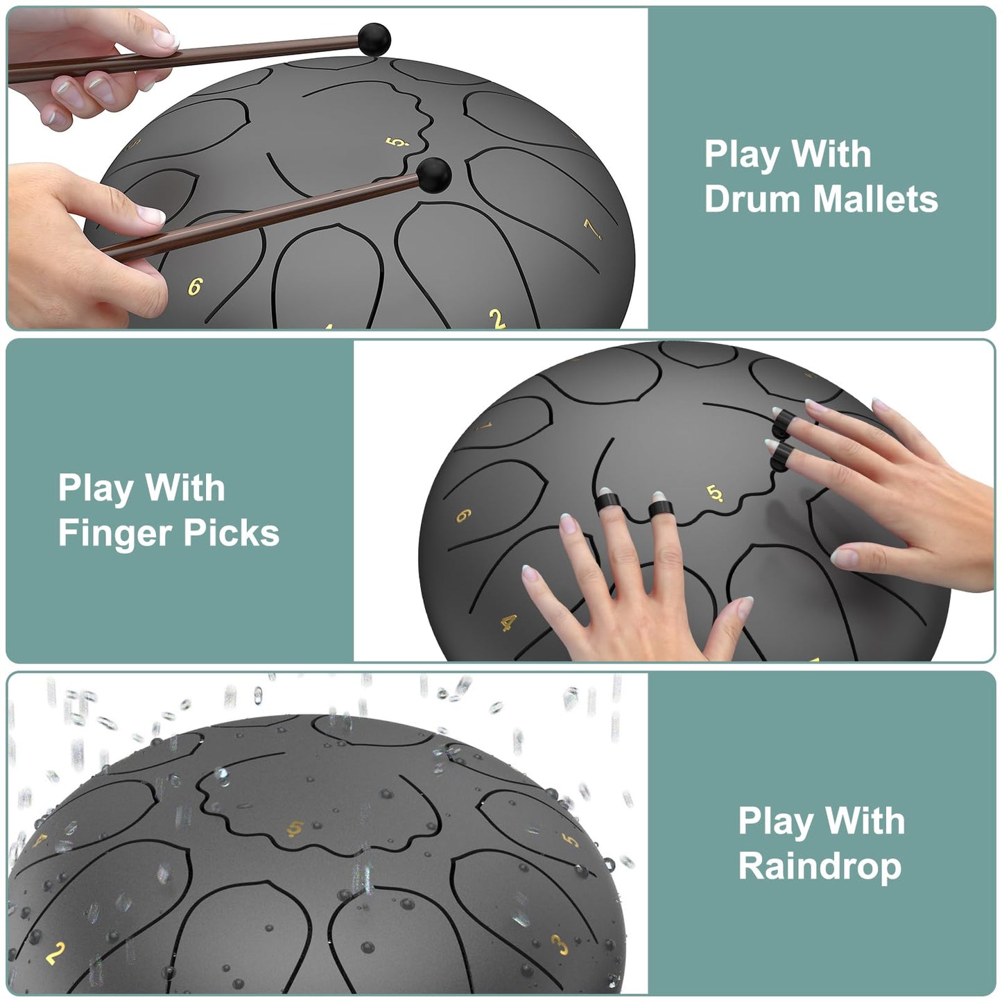 Rain Drum for Outside Garden, 8 Inches 11 Notes Steel Tongue Chakra Drum, Waterproof Meditation Rain Chime, Musical Instruments for Adult Gift with Bag, Music Book, Mallets (Black)