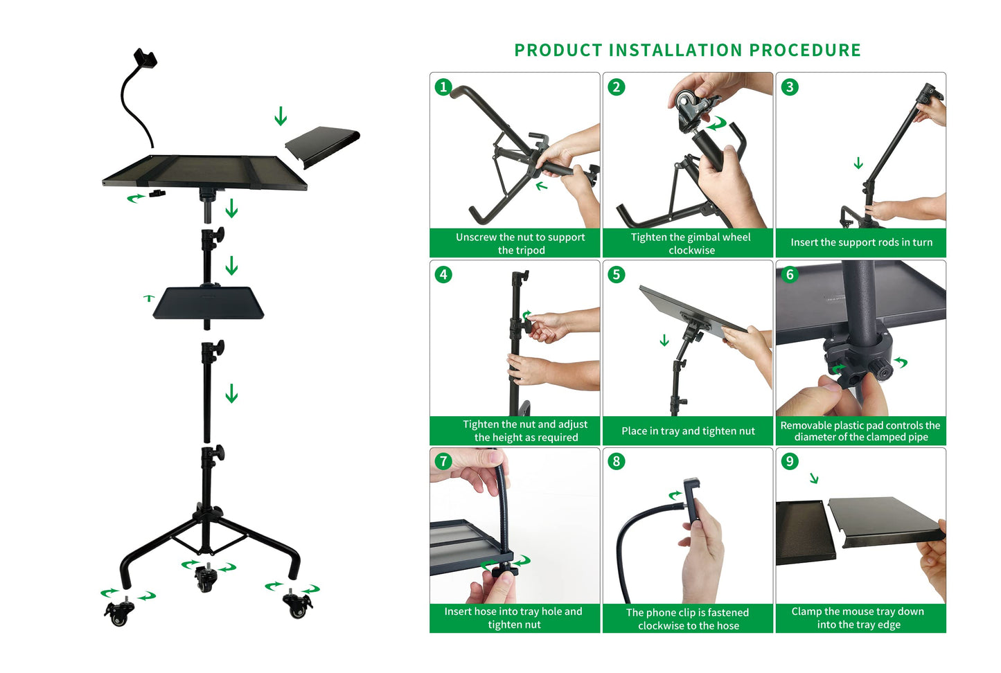 Asltoy Projector Tripod Stand with Wheels Adjustable Height Laptop Tripod Stand Treadmill Laptop Stand with 2 Shelves Mouse Tray Phone Holder Projector Tripod Music Stand Office Home Portable Laptop Floor Stand