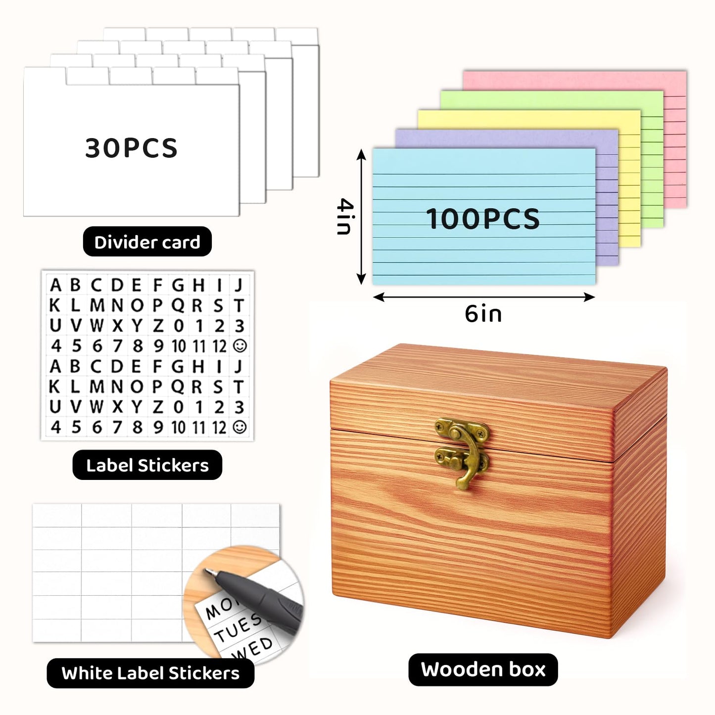MOBYKE Index Card Holder 4x6, wooden Origanizer Recipe Box with 100 PCS Flash cards, 30 White Dividers, 1 Blank Sticker and 1 Letter Sticker, Flashcard Notecard Holders for Home Office
