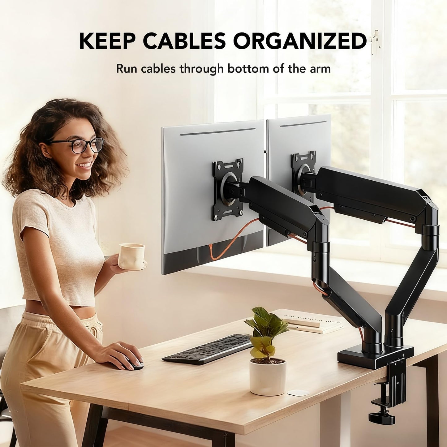 Hemudu Dual Monitor Arm Full Motion Adjustable Monitor Mount Desk Stand for 17″–32″ Computer Screens, VESA 75x75/100x100 with C-Clamp&Grommet Aluminum Base, Each Arm Holds 4.4 to 20lbs HD09B-201