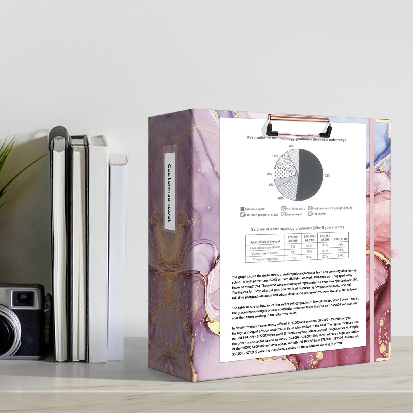Ospelelf 3 Ring Binder 3 Inch, Cute Binder for Letter Size (11" x 8.5") with 5 Tab Dividers, File Folder Labels and Low Profile Clipboards, Pink Marble Binder for School Supplies and Office Supplies