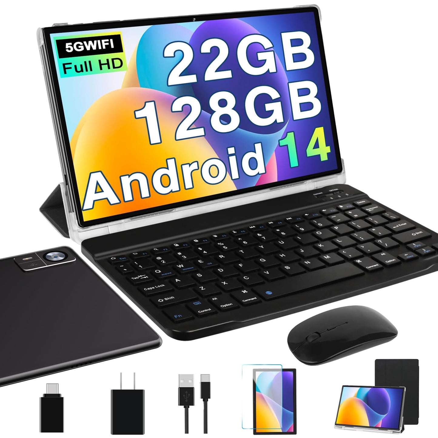 Android 14 Tablet 10.1 inch 22GB RAM 128GB ROM 1TB Expand, 8000mAh Tablets with Keyboard Mouse, Octa-Core, HD Touchscreen, 5G Wi-Fi, BT 5.0, GPS, Widevine L1, Split Screen, Face Unlock - Black