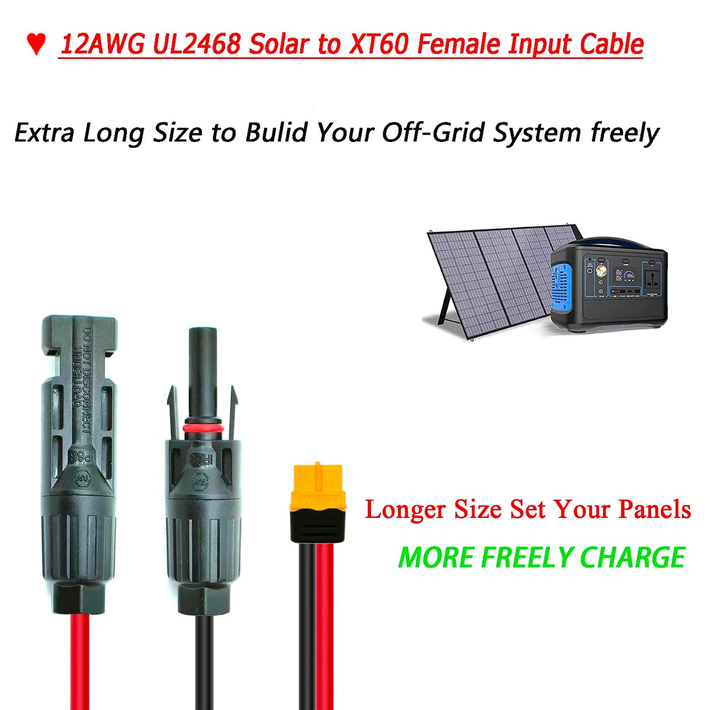 Magiktech 12AWG 25FT Solar to XT60 Cable,Solar Charge Cable with XT60 Female Adapter for Power Stations Solar Generators