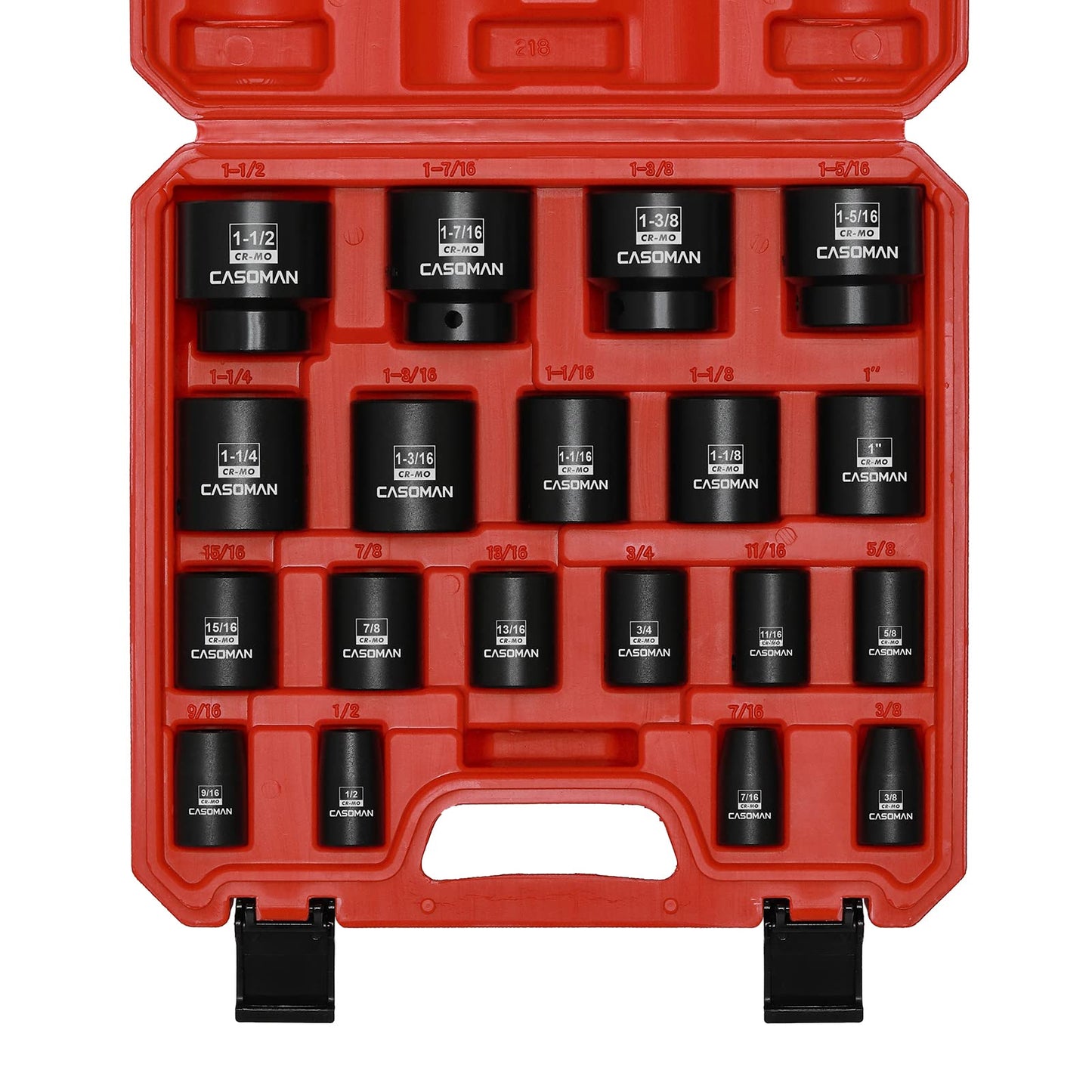CASOMAN 19 Piece 1/2-Inch Drive Standard Impact Socket Set, SAE, Shallow, 3/8" to 1-1/2", Cr-Mo Alloy Steel, Radius Corner Design, Impact Grade