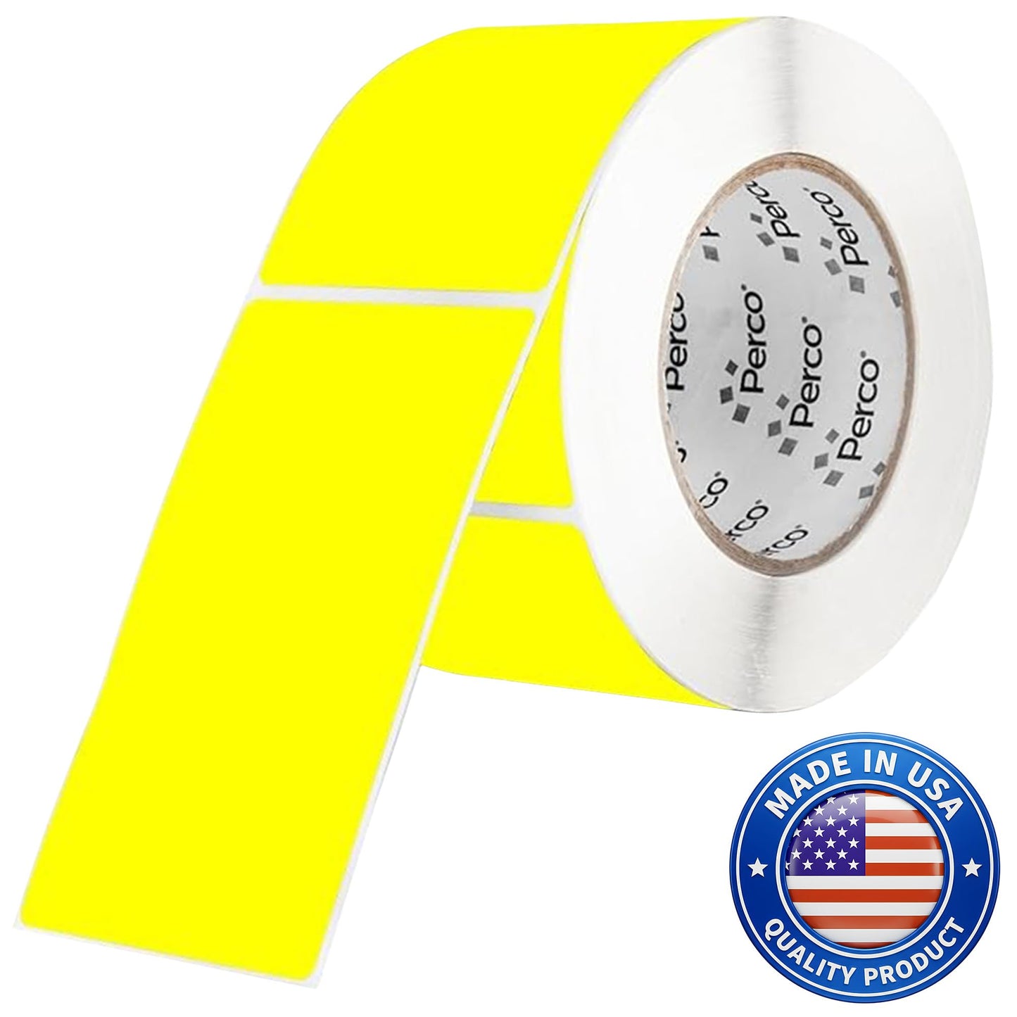 Perco Fluorescent Yellow Labels 7.6 cm x 12.7 cm 500 Stickers/Roll with Perforation for Easy Tear-Off and Strong Adhesion for Warning Labels, Shipping Notes, Reminders & Instructions — Made in USA