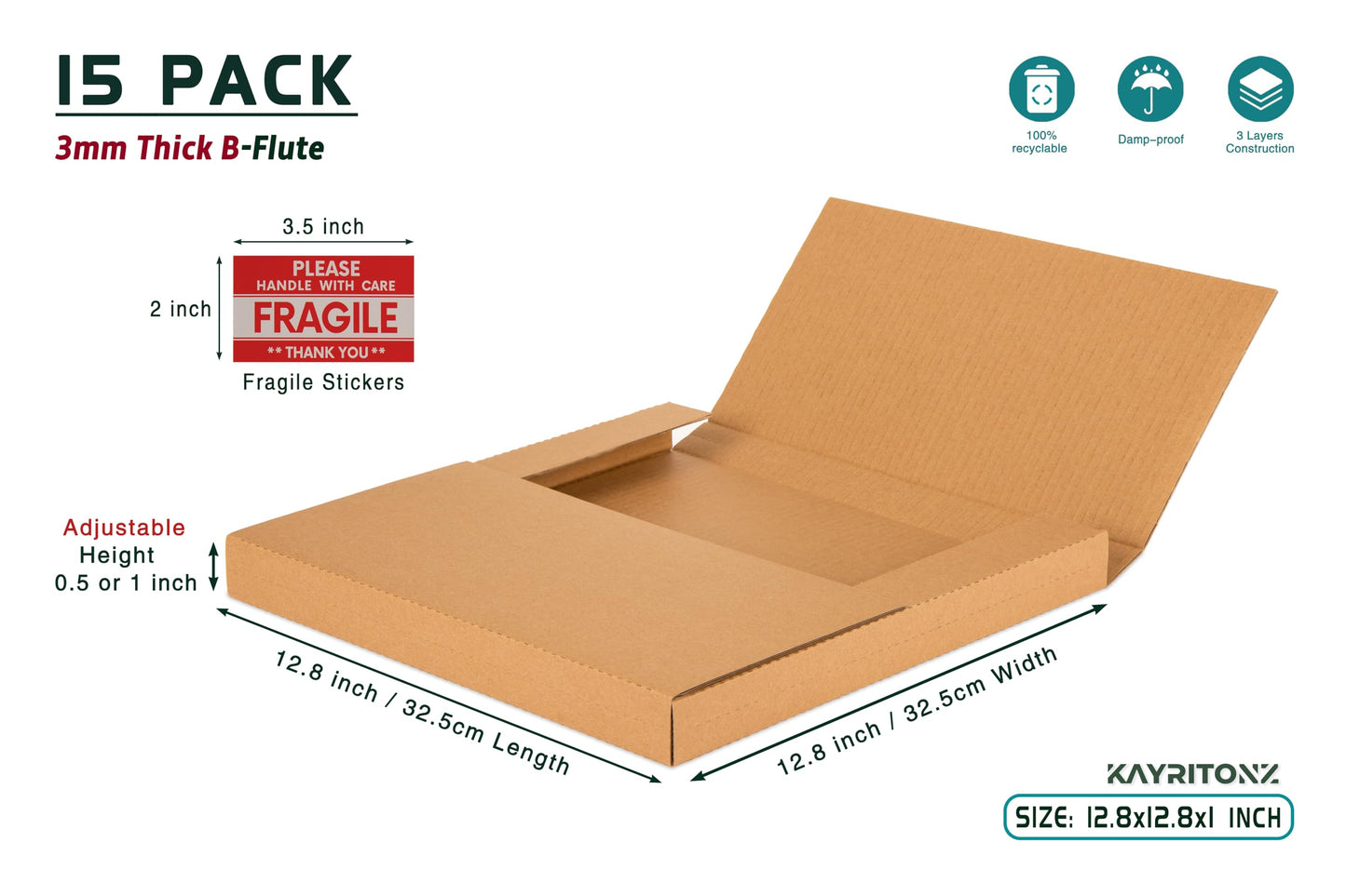 Kayritonz Vinyl Record Mailers 12.8"L x 12.8"W x 1"D Kraft Corrugated Cardboard LP Shipping Boxes for Mailing Packaging Moving Storage, with Fragile Stickers, Brown, 15 Pack