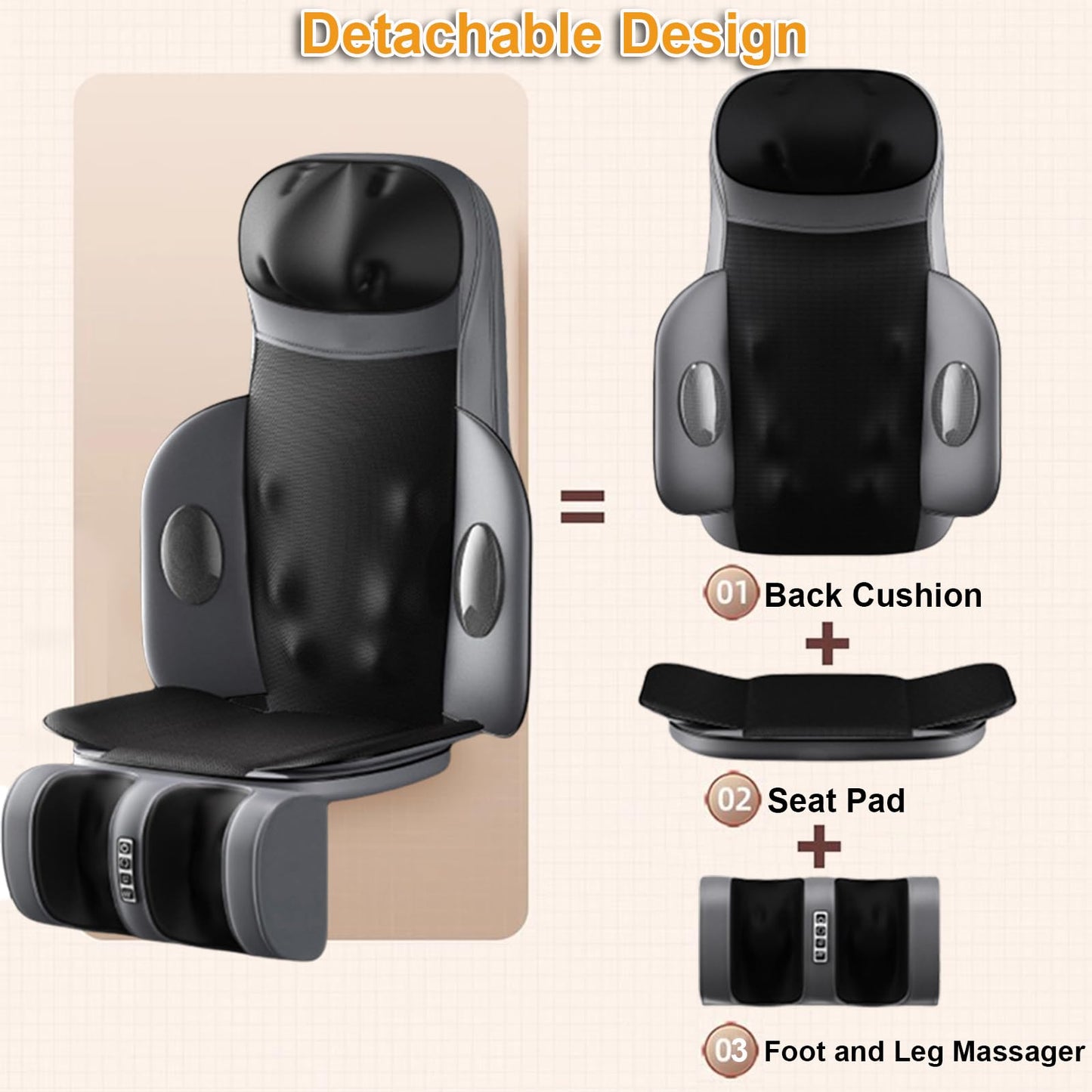 Back and Neck Massage cushion with heat, 5 massage modes, 4 vibration modes and 3 heating modes Massage Chair Pad, with removable multifunctional leg and foot massager, for Office,Home