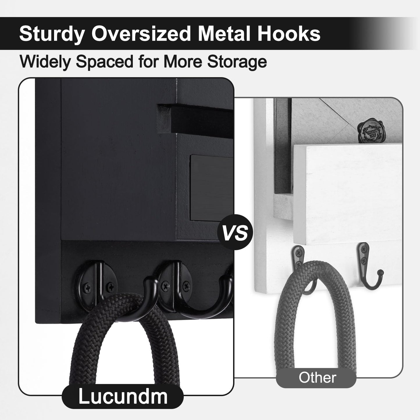 Key Holder Wall Mount, Mail Holder with Storage Drawer and 5 Key Hooks for Coat, Dog Leash, Home Decor Rack, House Accessories, Entry Way Organizer (Black)