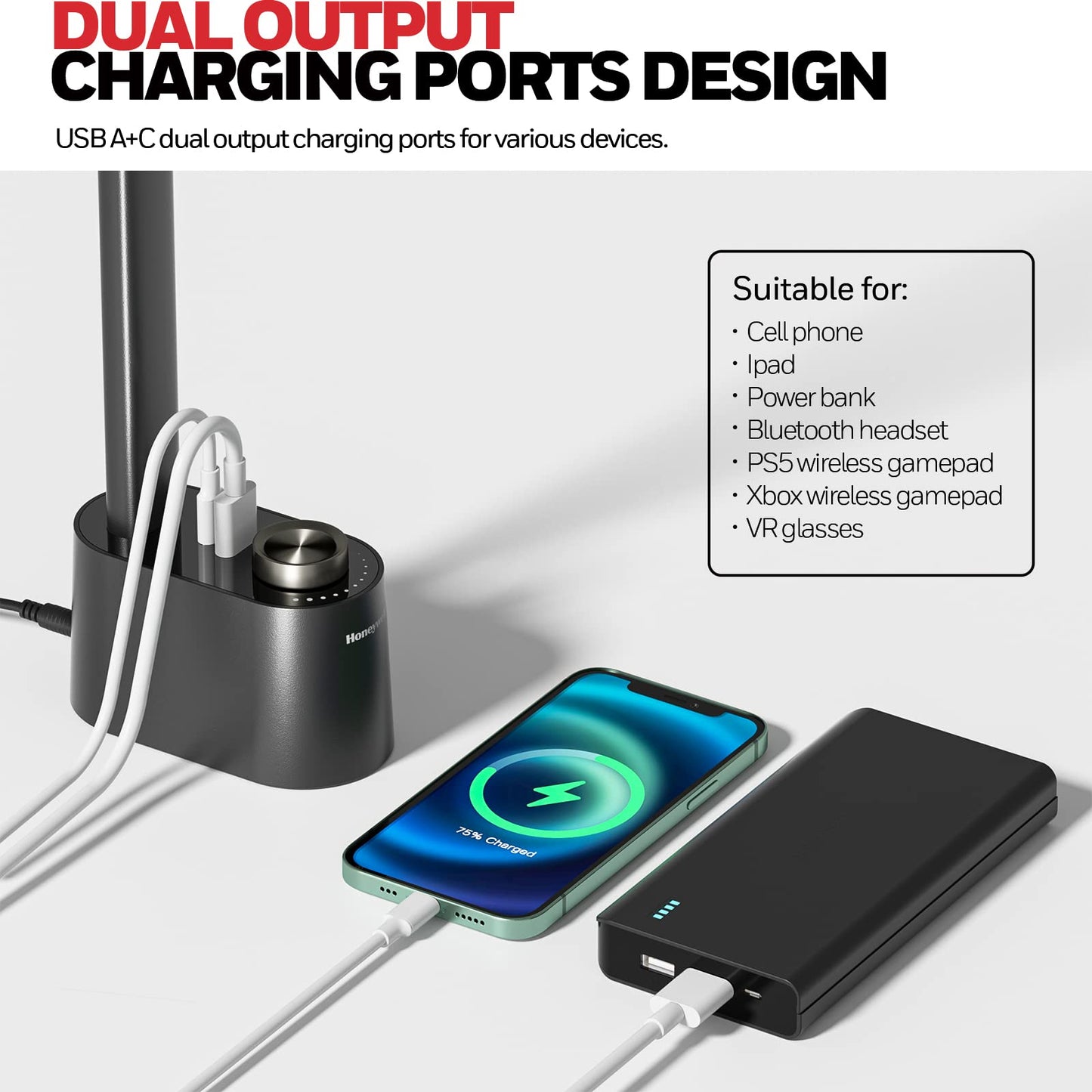 Honeywell Small LED Desk Lamp with USB Charging Ports, Sunturalux™ HWT-H01 Table Lamp for Home Office College Dorm, Eye Protection Stepless Dimmable Desk Light Reading Lamp for Bedroom Bedside Black