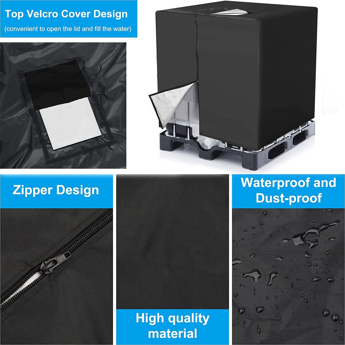 IBC Tote Cover,DWcouple IBC Water Tank Cover for 1000L IBC Tank Container, Water Tank Dustproof Protective Sun-resistant IBC Outdoor Cover with Zip for Tank Rain Tank Container (Black)