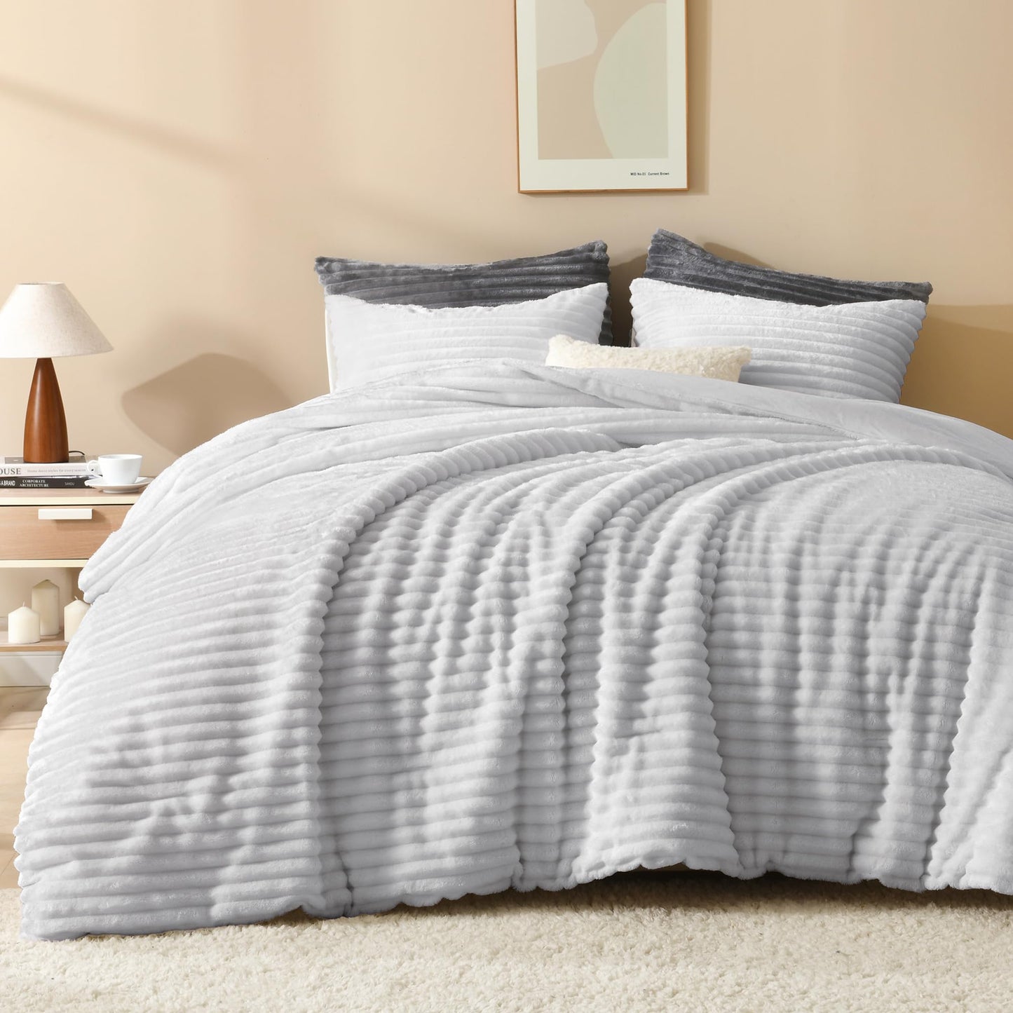 Andency Fleece Full Comforter Set, 3 Pieces Light Grey Comforter Set for Full Size Bed, Soft Warm Fluffy Fuzzy Bedding Set for Winter (1 Comforter & 2 Pillowcases)