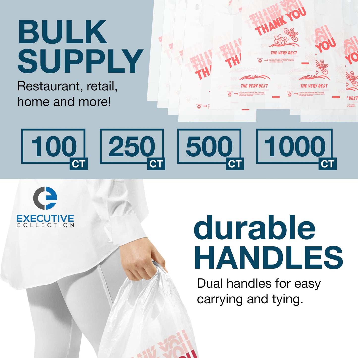 111 Executive Collection T Shirt Bags - White Plastic Bags with Handles - Shopping Bags for Small Business, Grocery Bags, Take Out/To Go Bags for Restaurant, Disposable Tshirt Bags for Retail (1000)