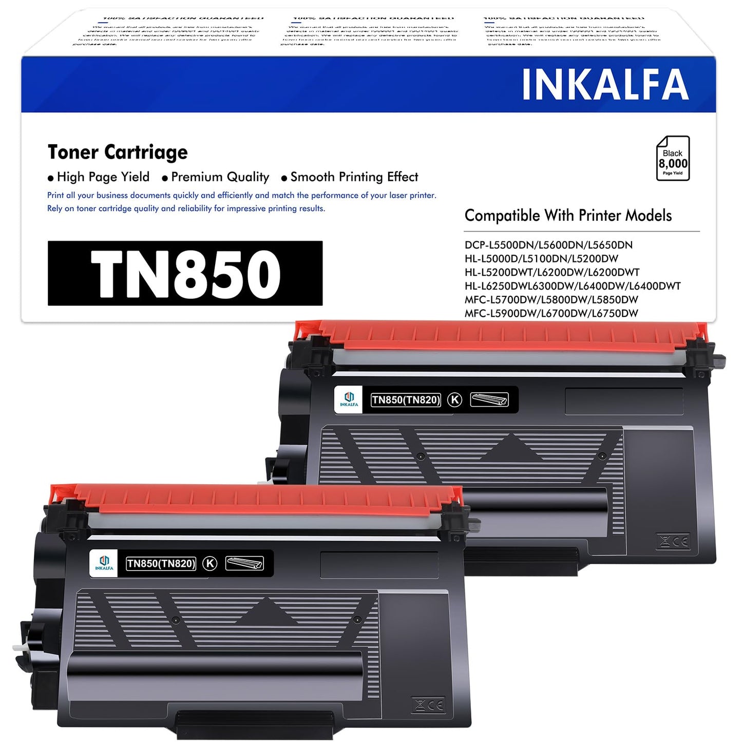 TN850 TN820 High Yield Toner Cartridge Replacement for TN 850 TN-850 TN 820 for HL-L6200DW MFC-L5700DW MFC-L5850DW HL-L5200DW MFC-L5900DW MFC-L6800DW Printer Ink (Black, 2-Pack)